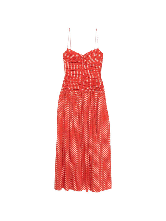 gathered polka dot midi dress