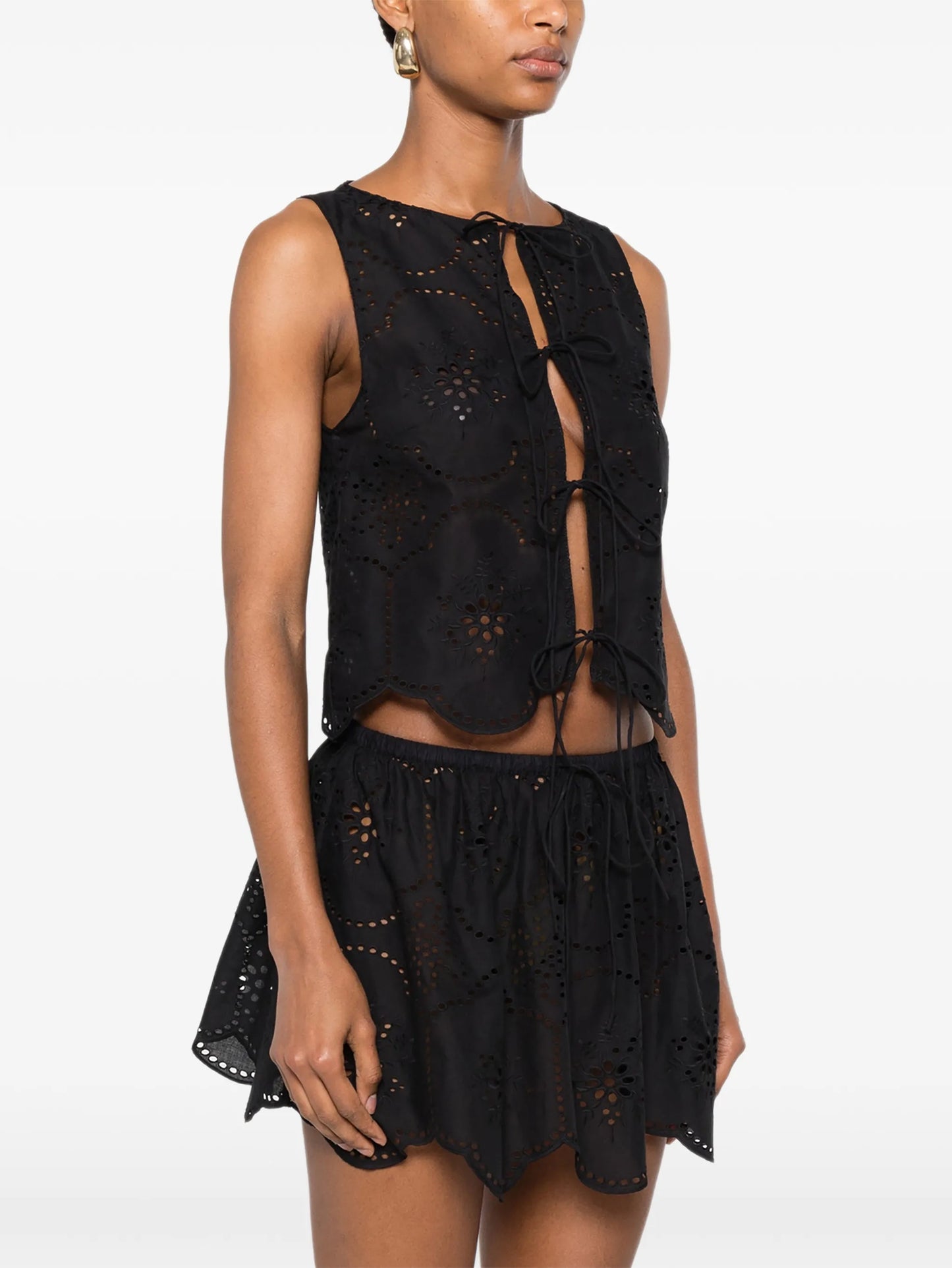 broderie tie-fastening blouse