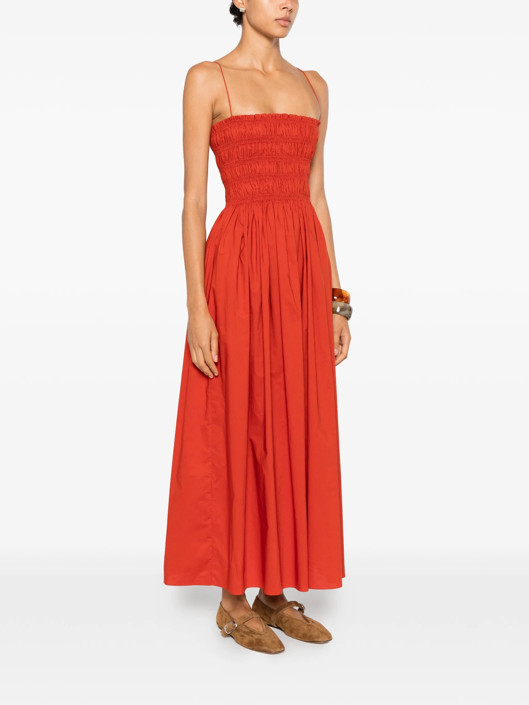 shirred spaghetti-straps cotton maxi dress
