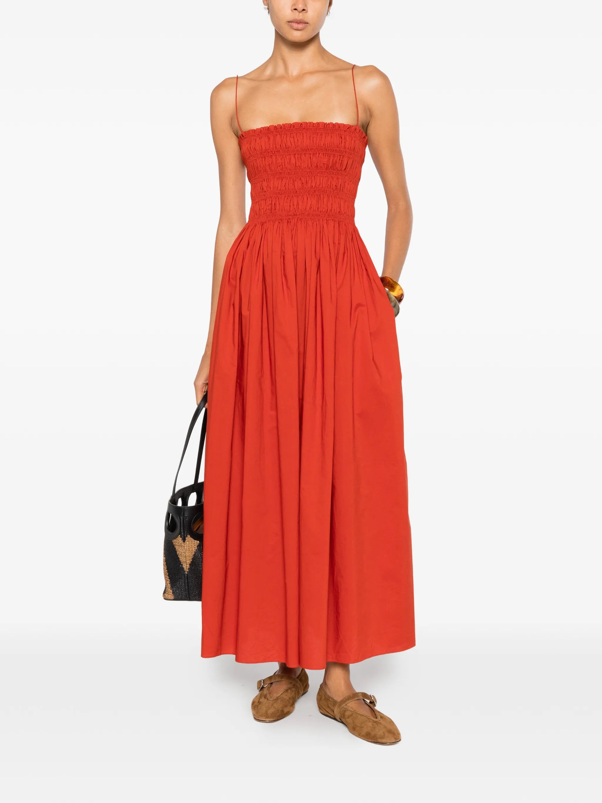 shirred spaghetti-straps cotton maxi dress