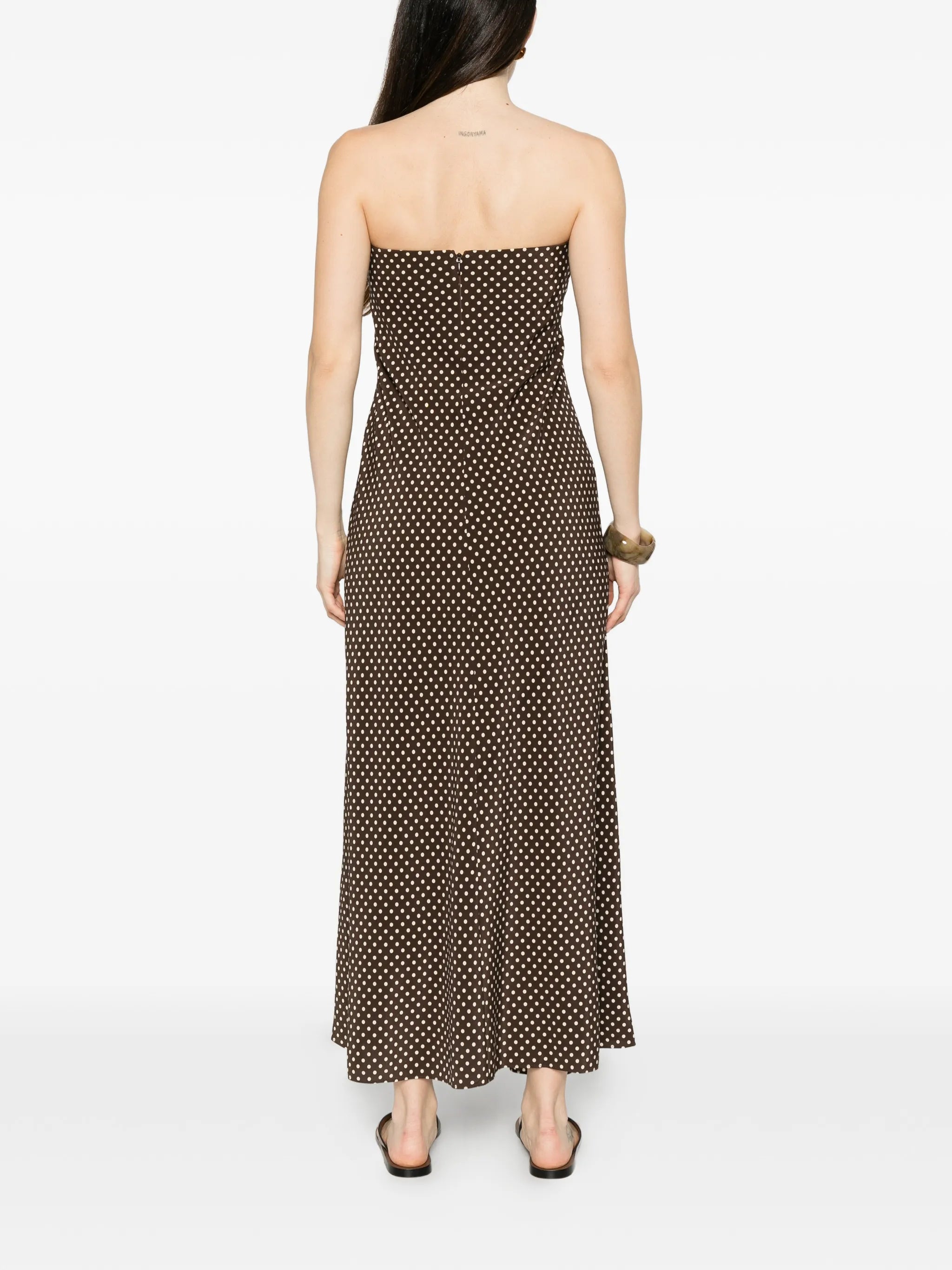 Bias polka-dot strapless maxi dress