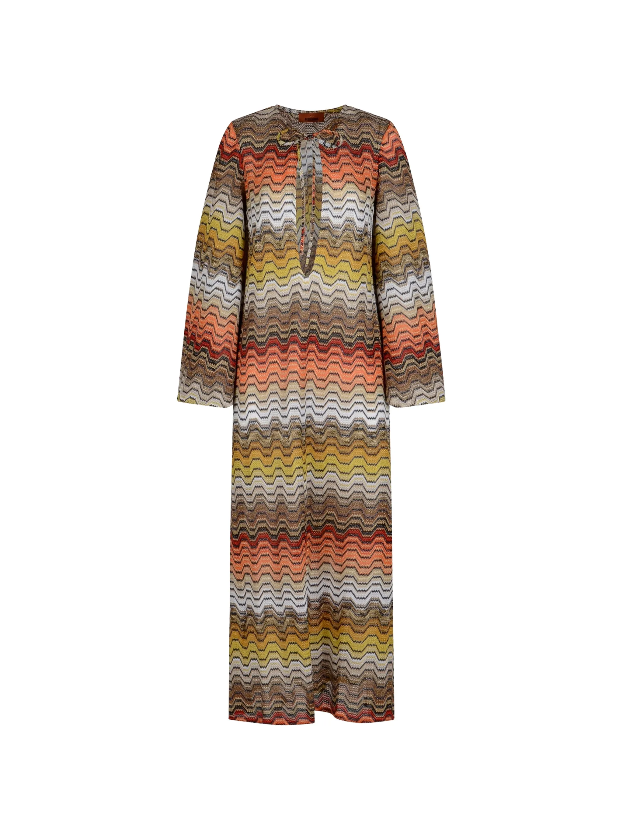long dress with greek motif and deep V-neckline