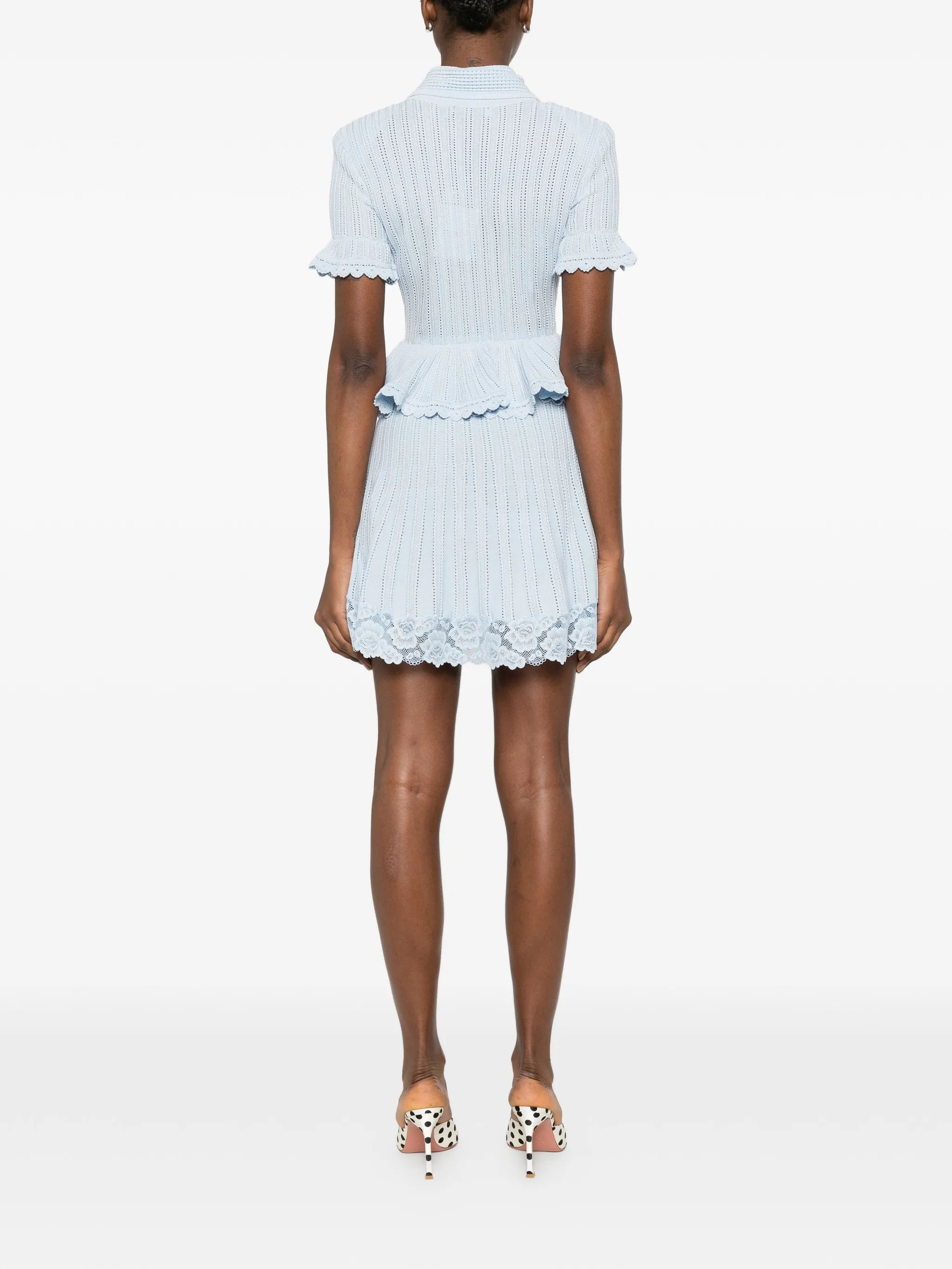 pointelle peplum knit mini dress