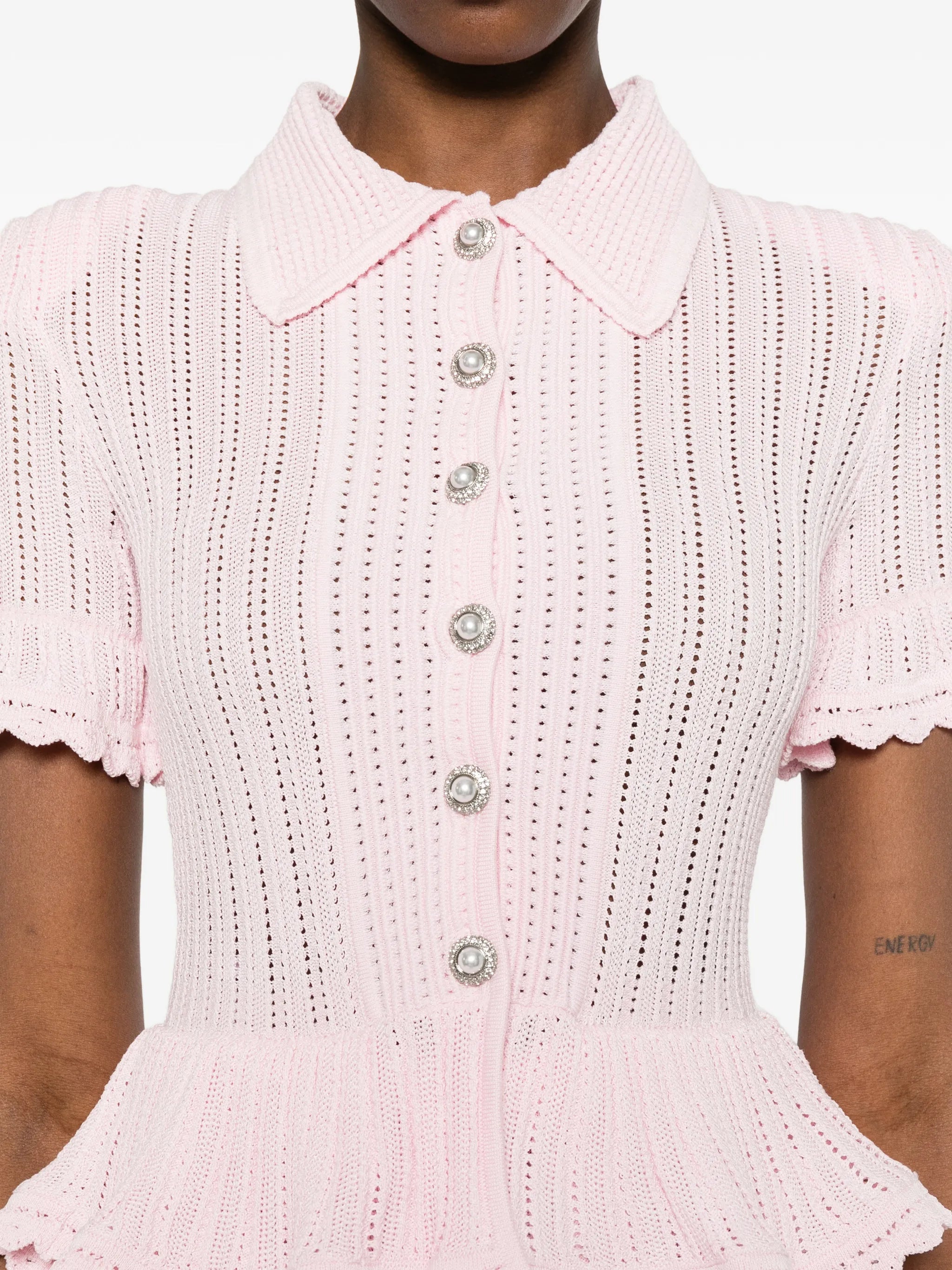 pointelle peplum knit dress