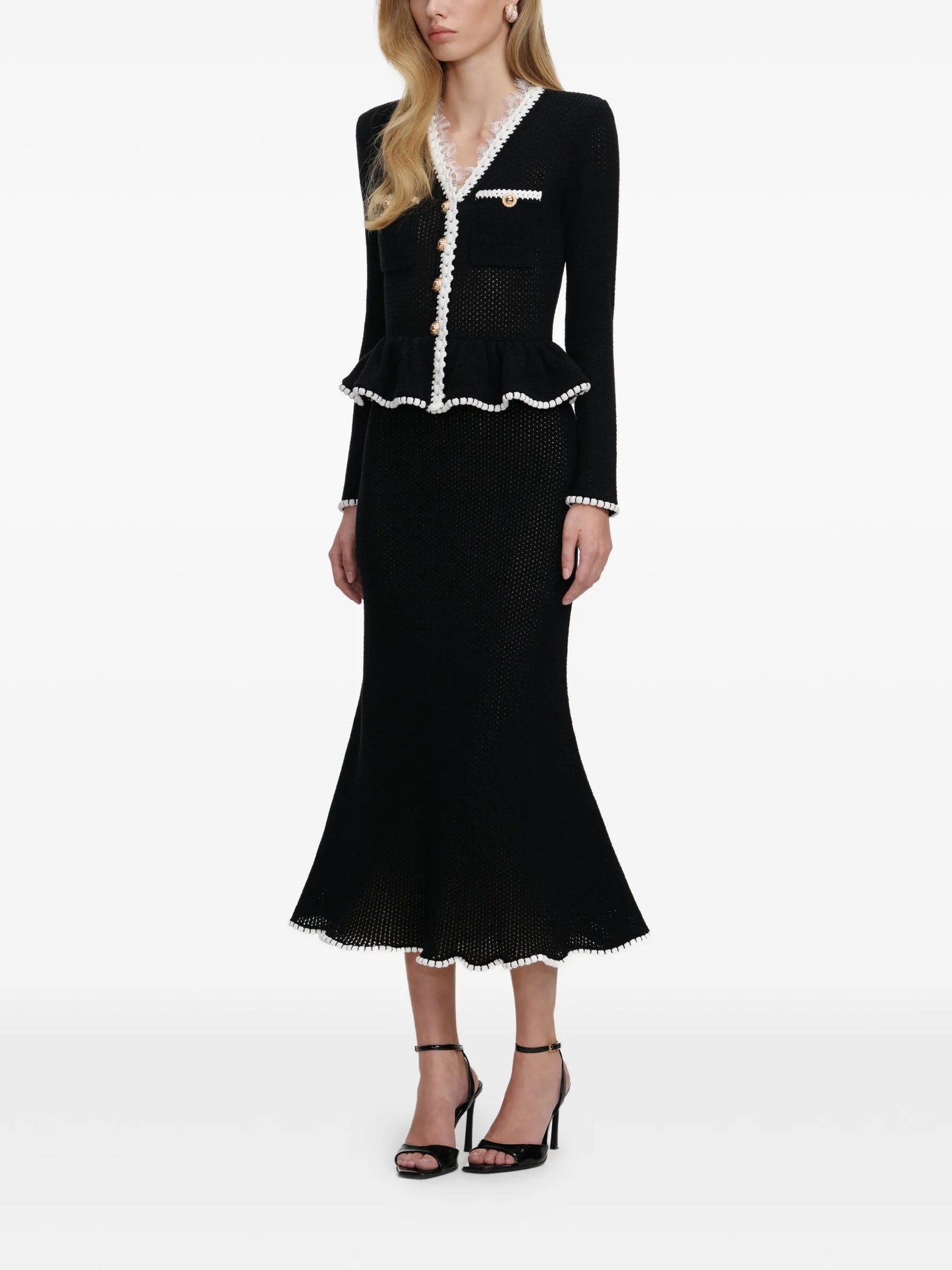 lace-trim peplum midi dress