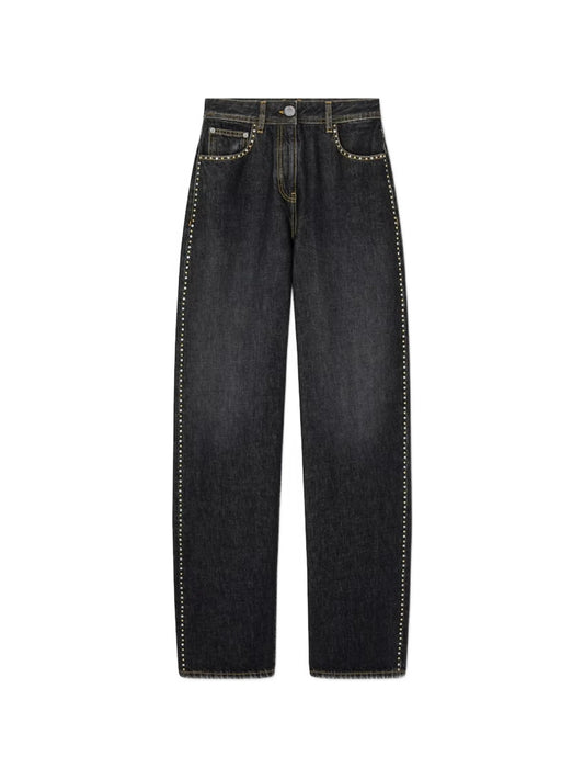 studded high-waist denim trousers