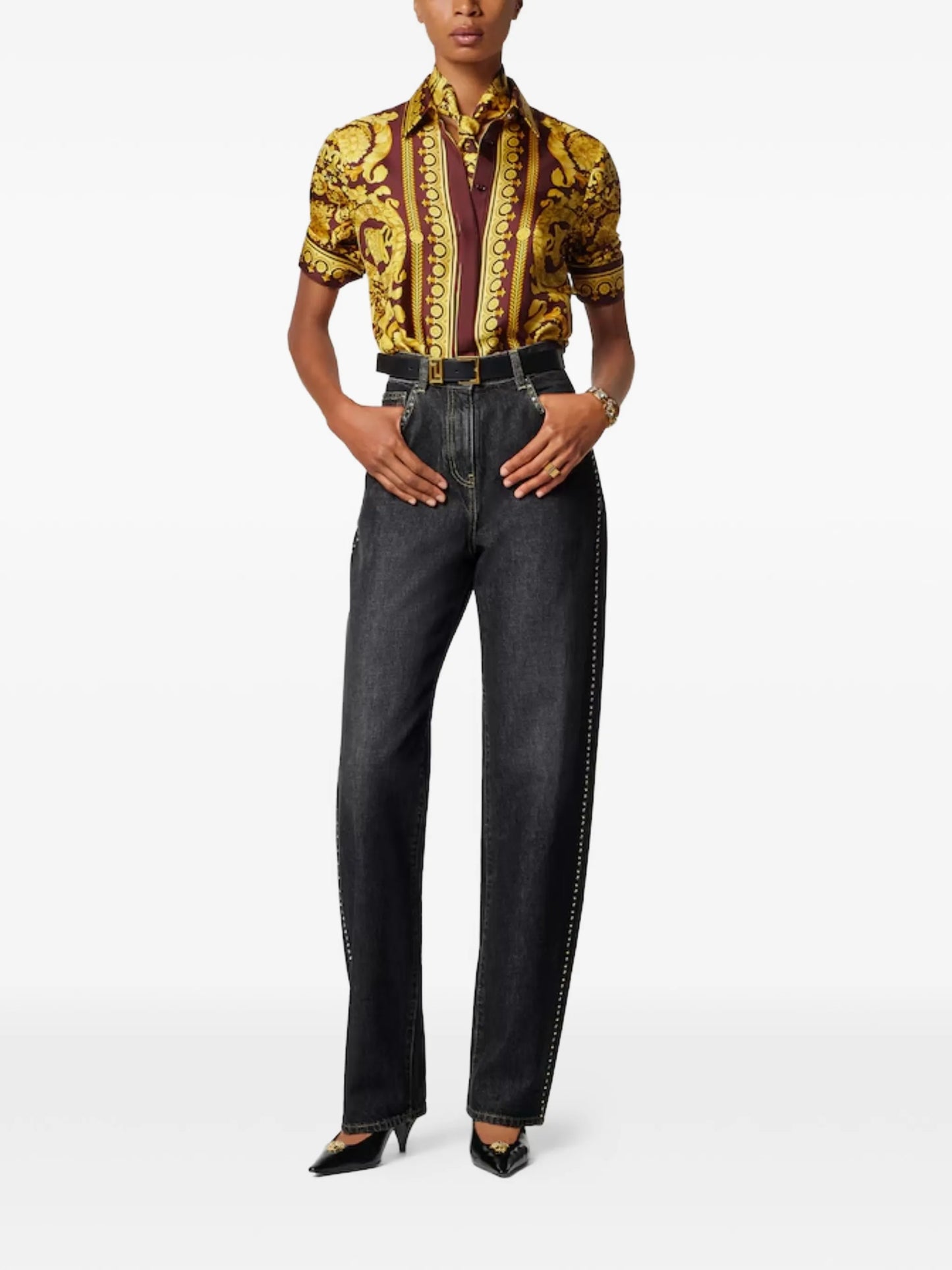 studded high-waist denim trousers