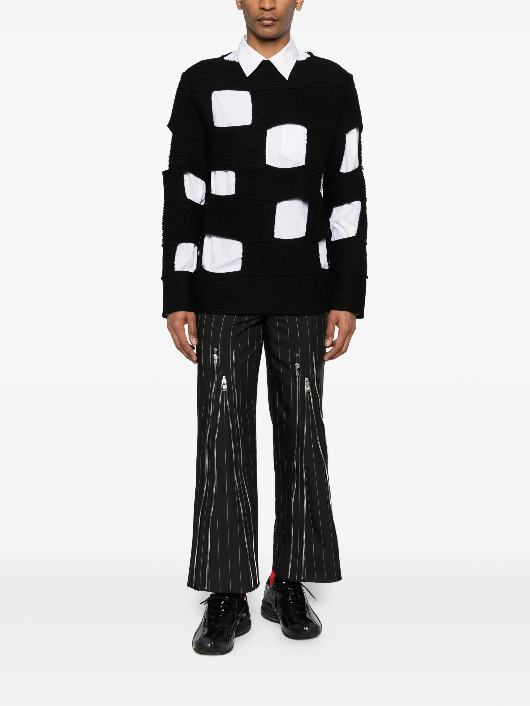 striped panelling crew-neck sweater