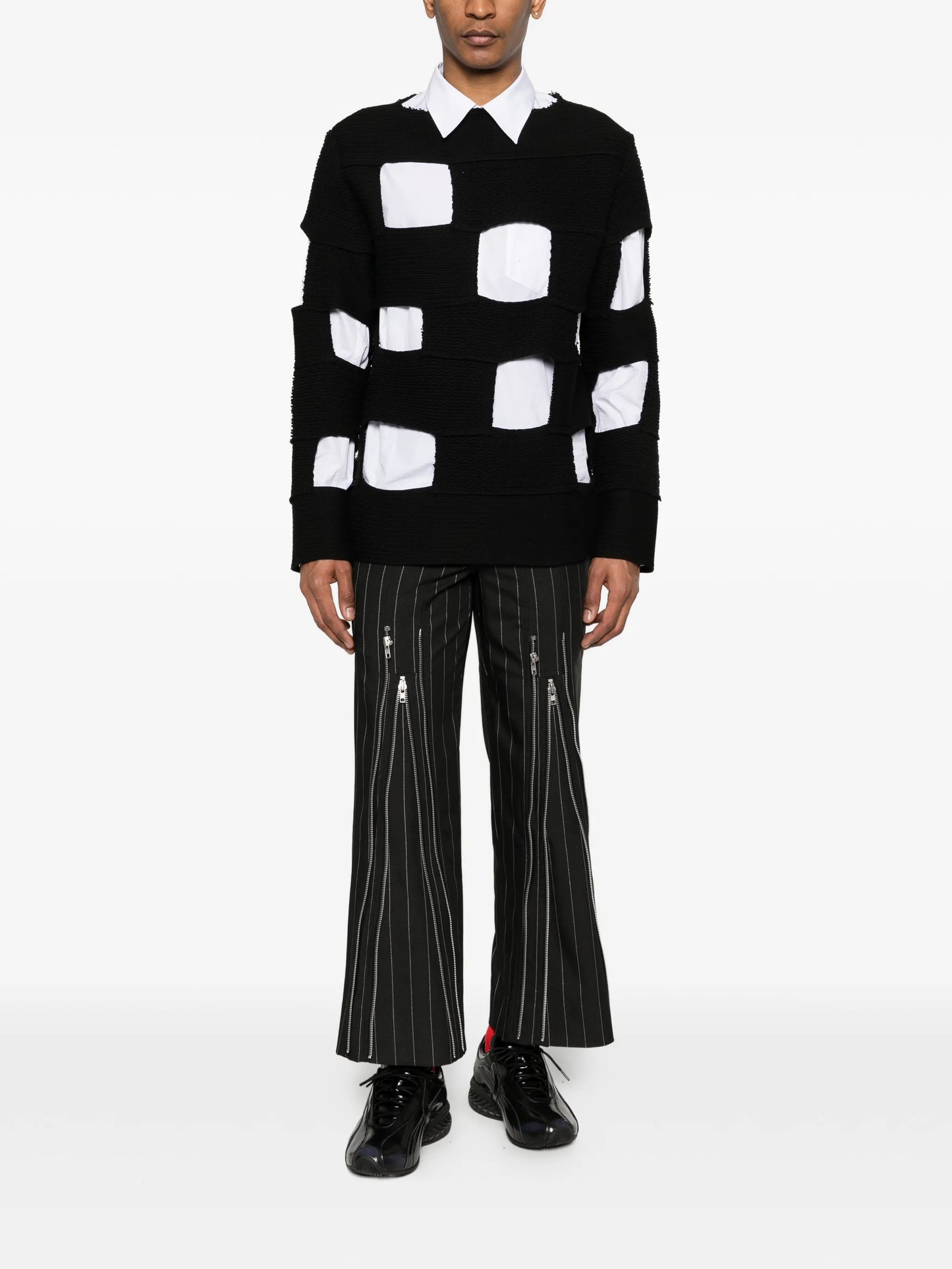striped panelling crew-neck sweater