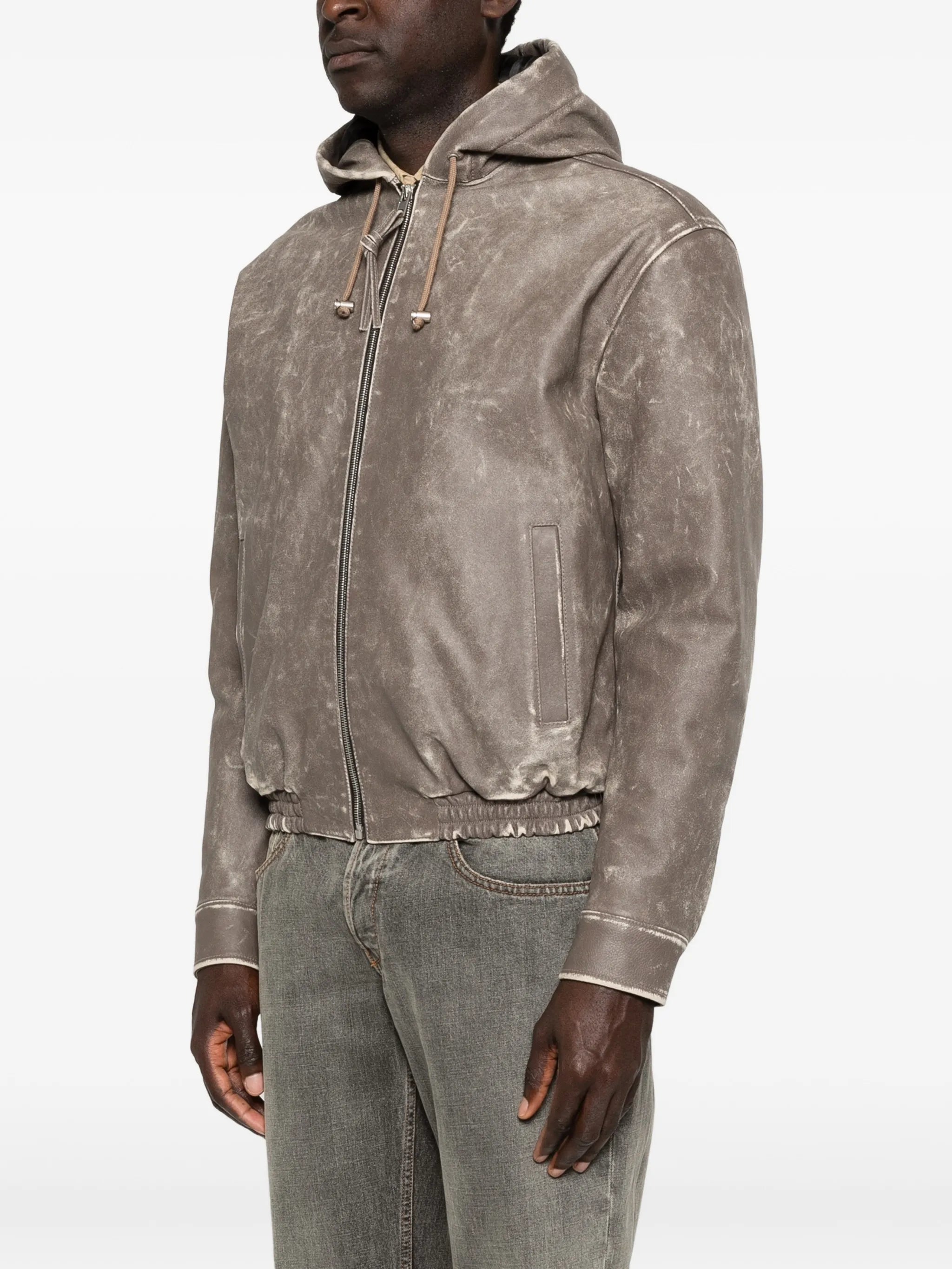 distressed hooded bomber jacket