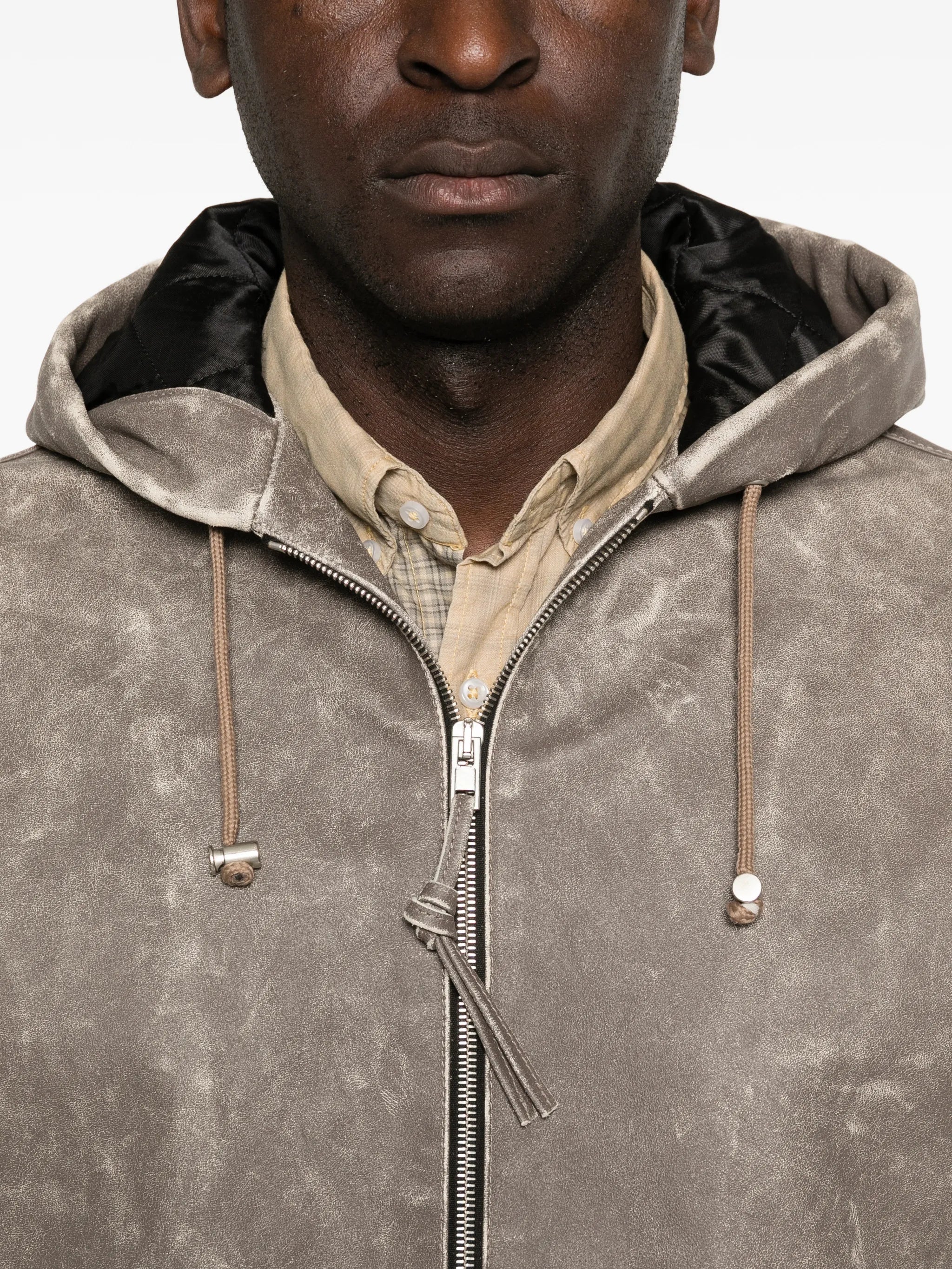 distressed hooded bomber jacket