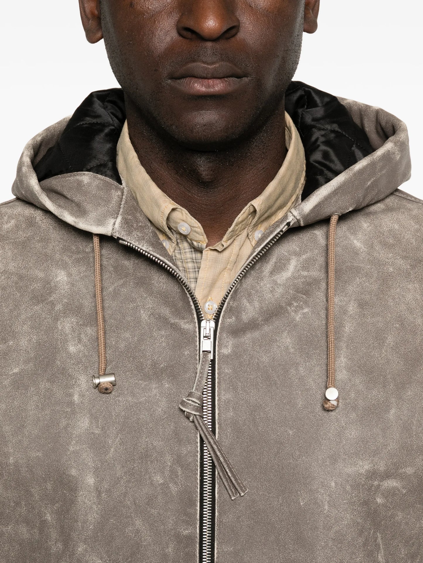 distressed hooded bomber jacket