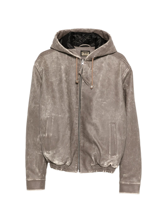 distressed hooded bomber jacket