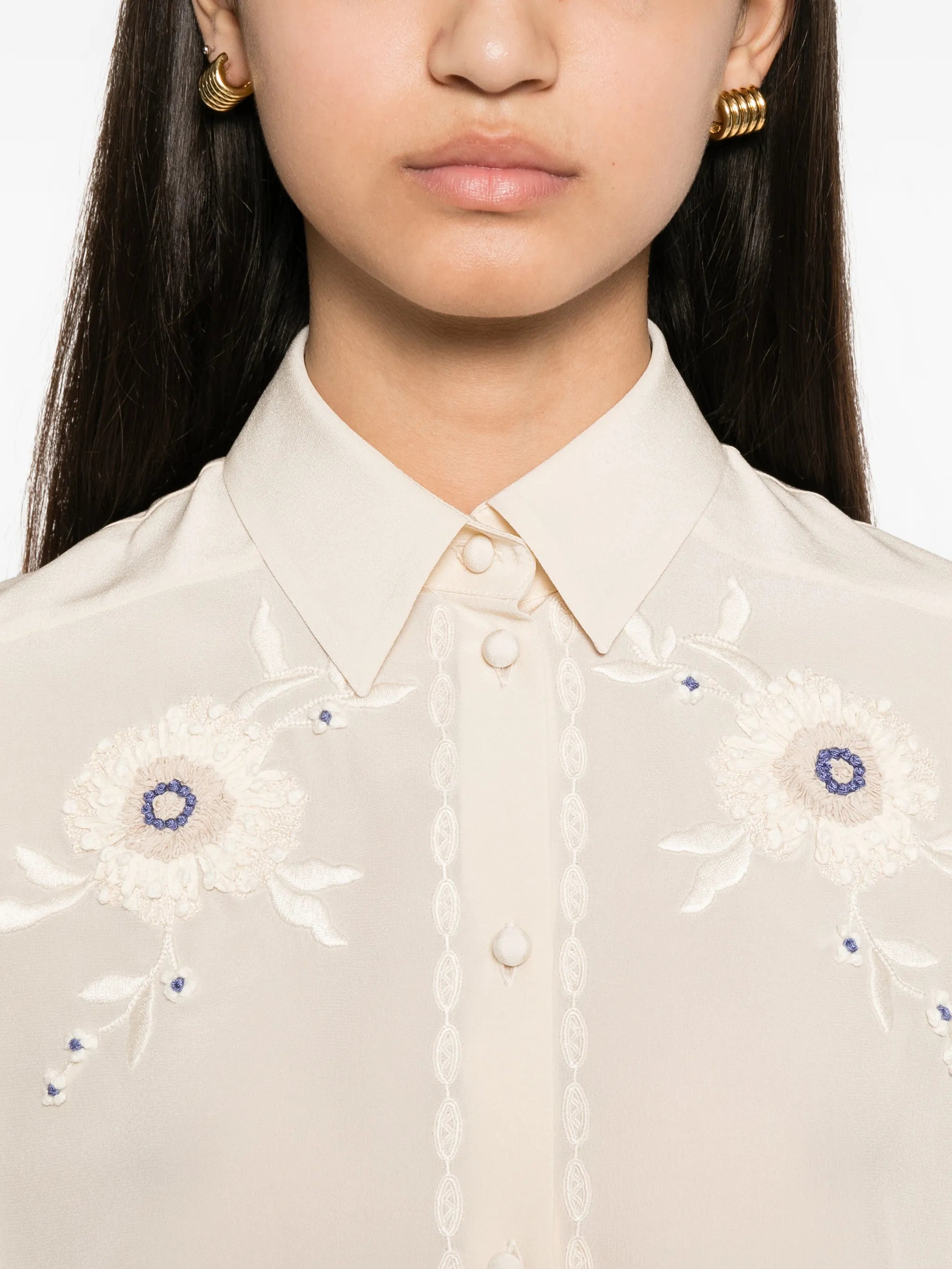floral-embroidered pleated-sleeve blouse