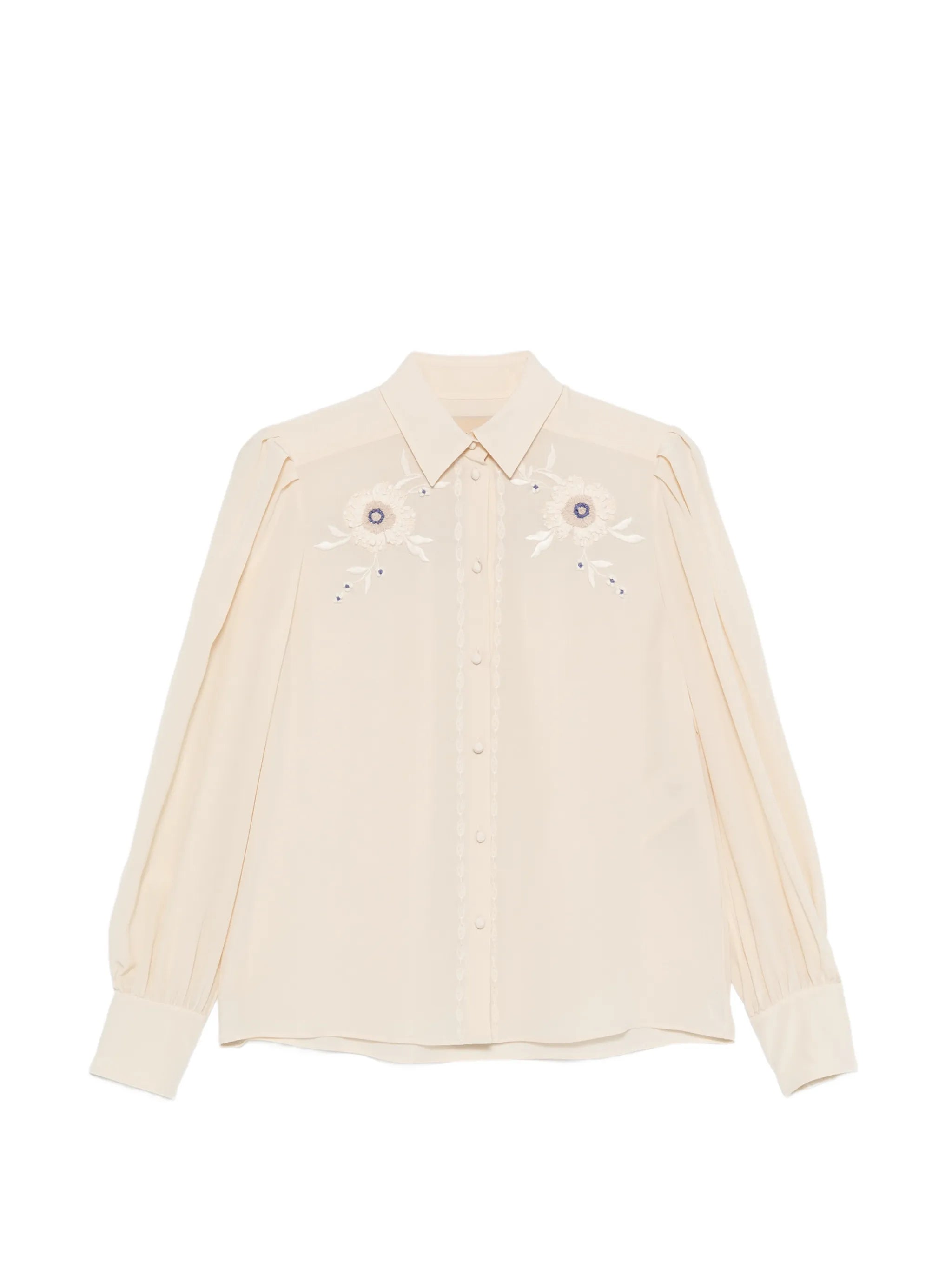 floral-embroidered pleated-sleeve blouse