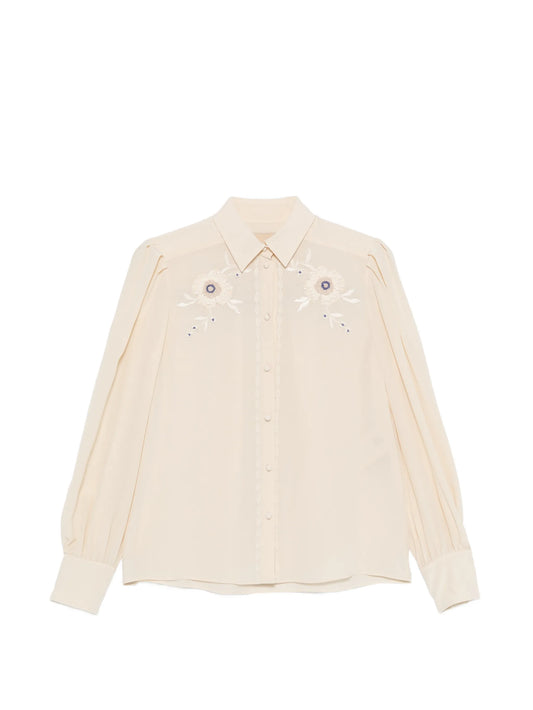 floral-embroidered pleated-sleeve blouse