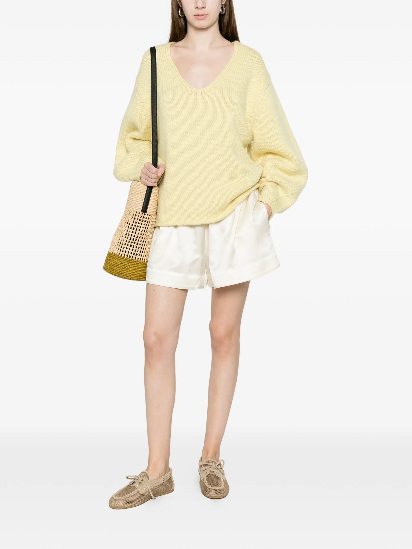 puff-sleeve V-neck sweater