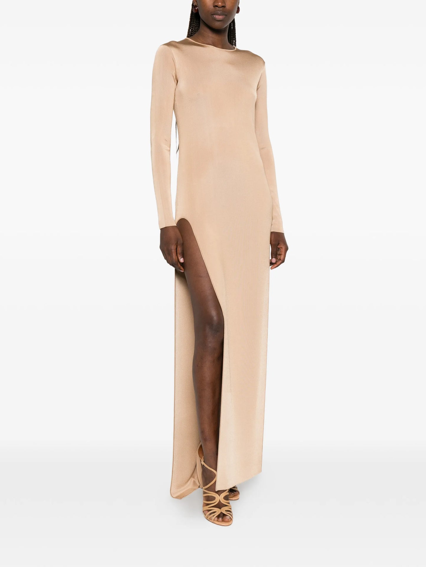 long-sleeve side-slit gown