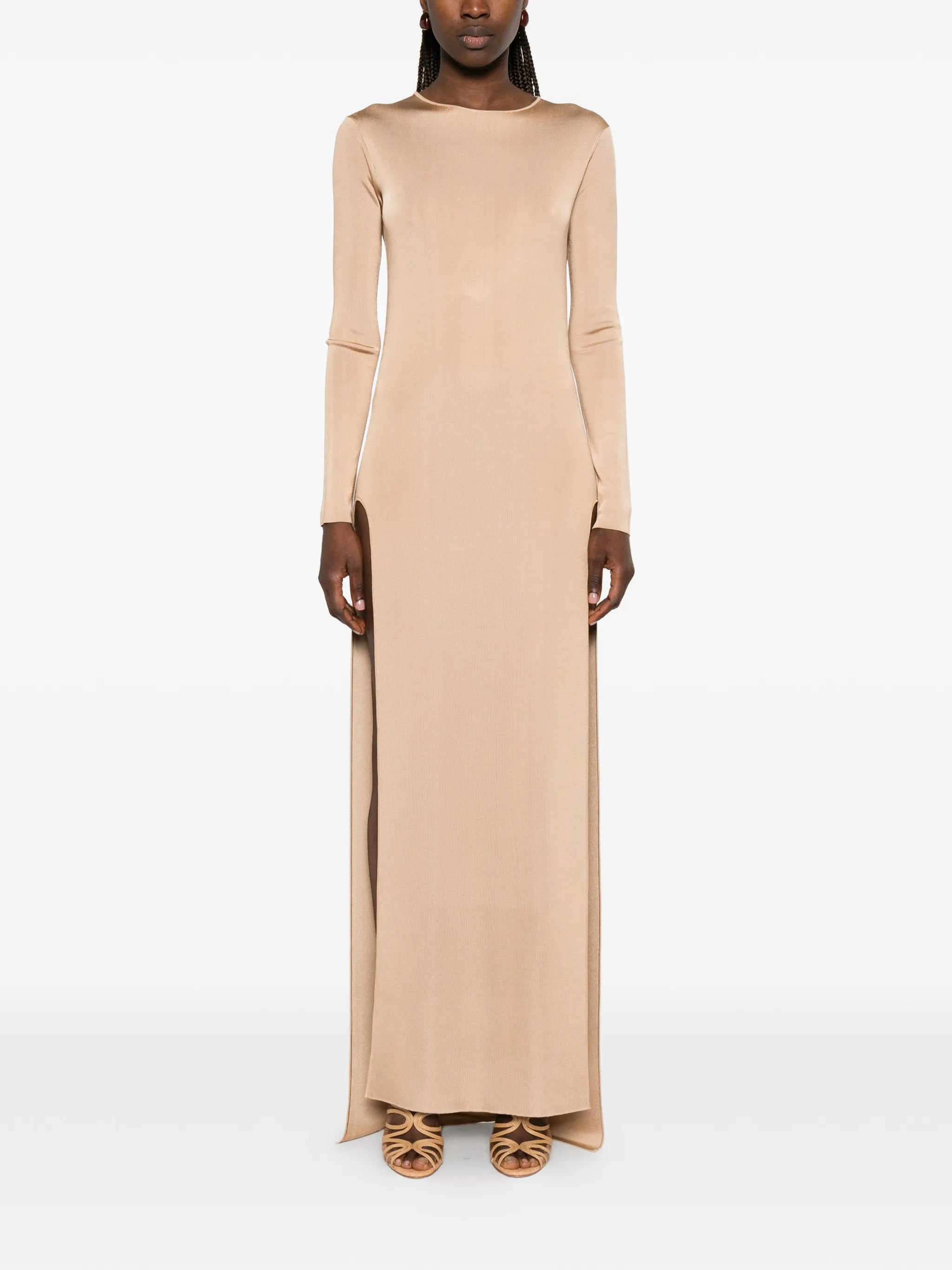 long-sleeve side-slit gown