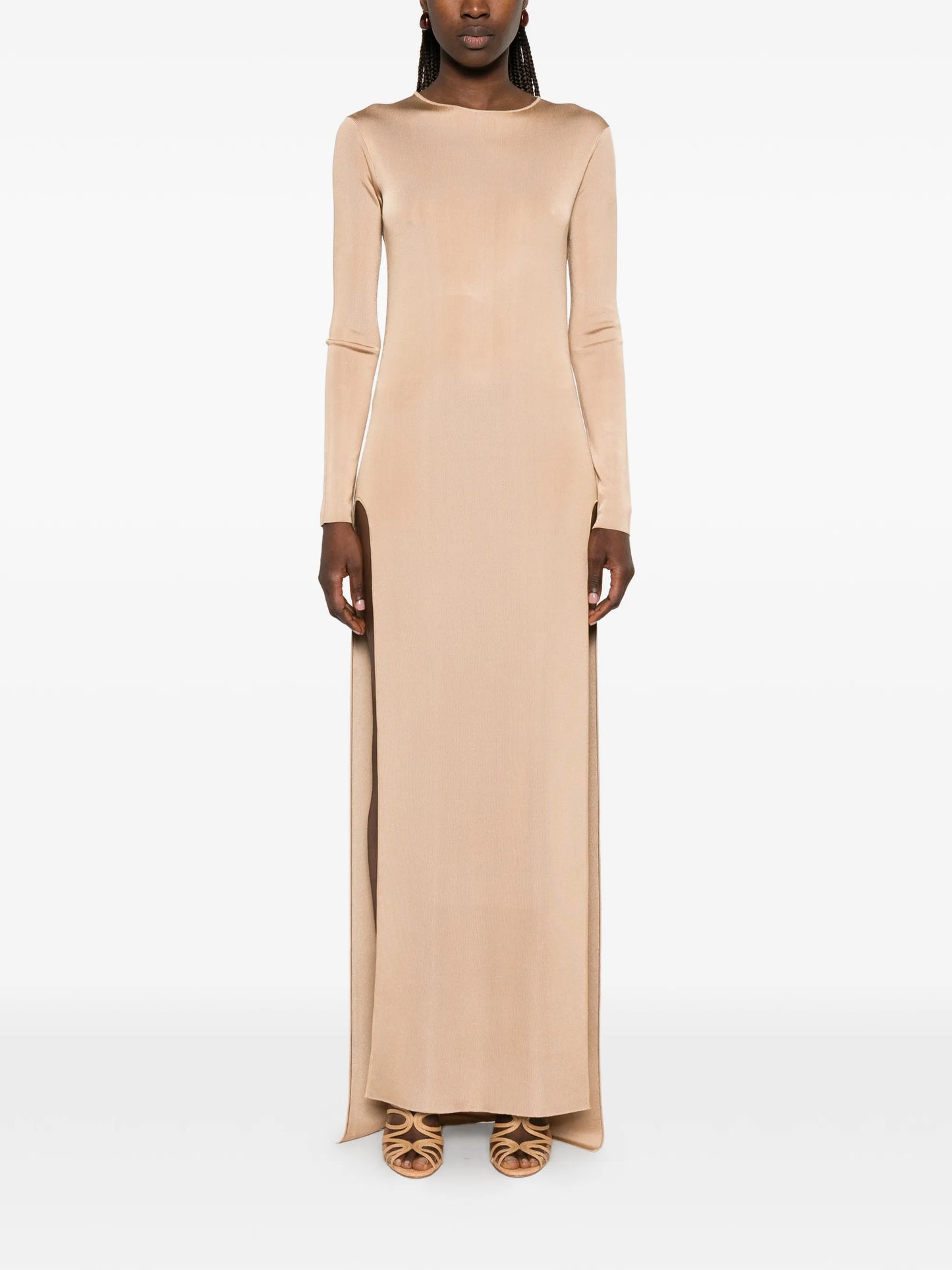long-sleeve side-slit gown