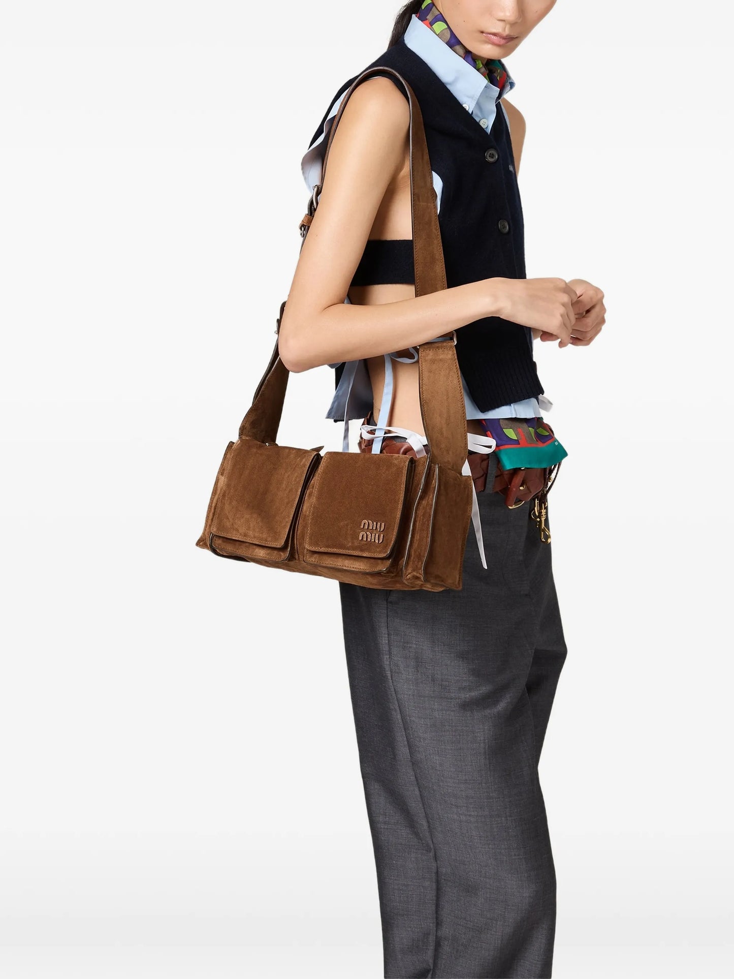 multi-pocket suede shoulder bag