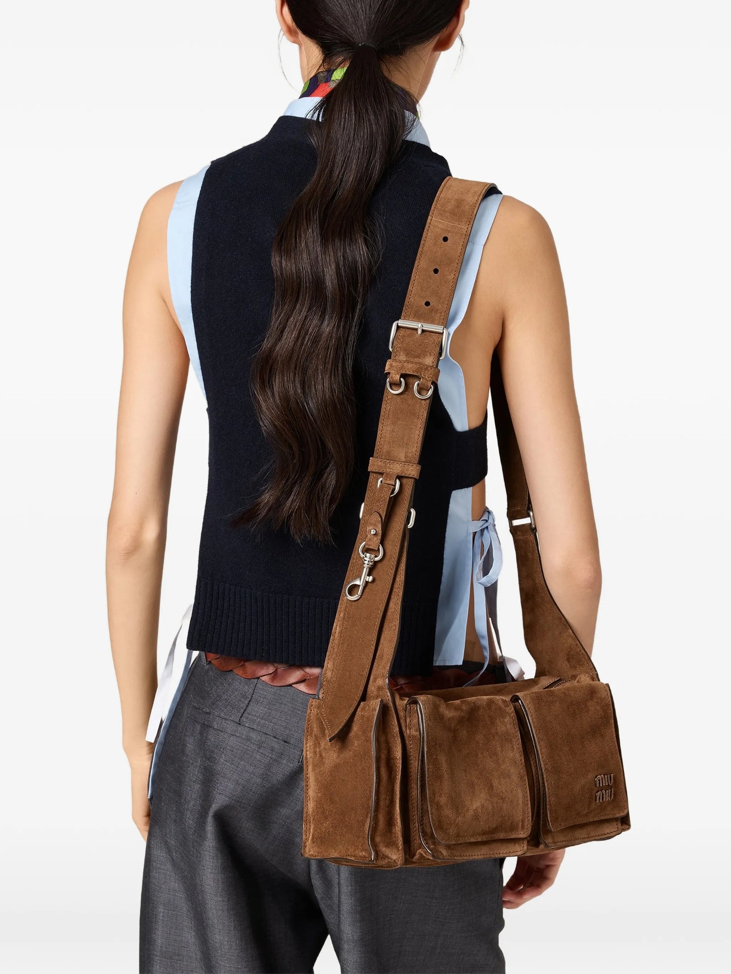 multi-pocket suede shoulder bag