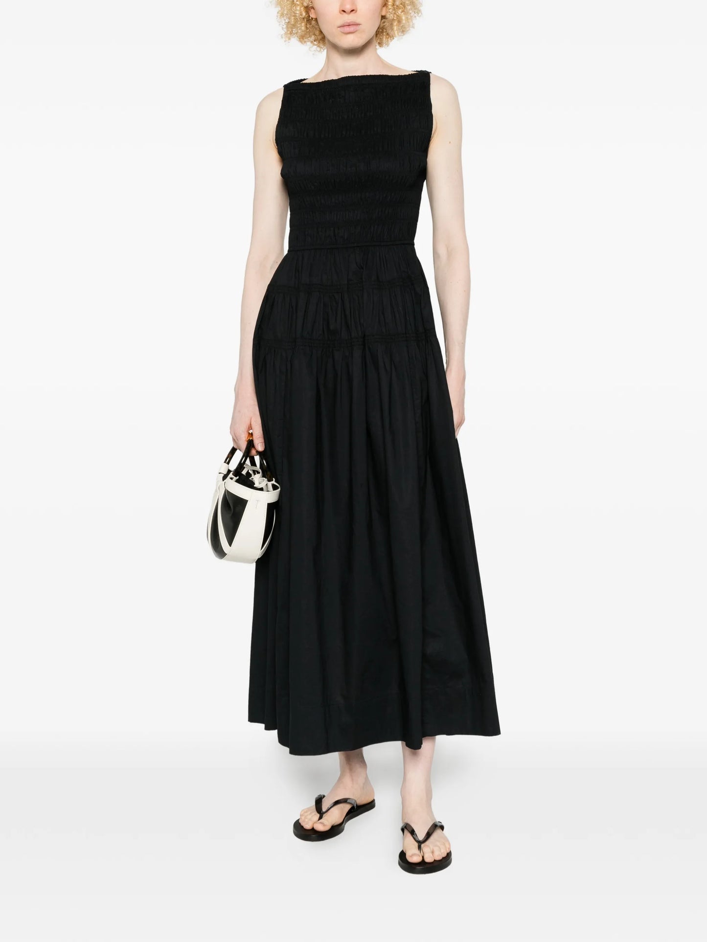 shirred sleeveless midi dress