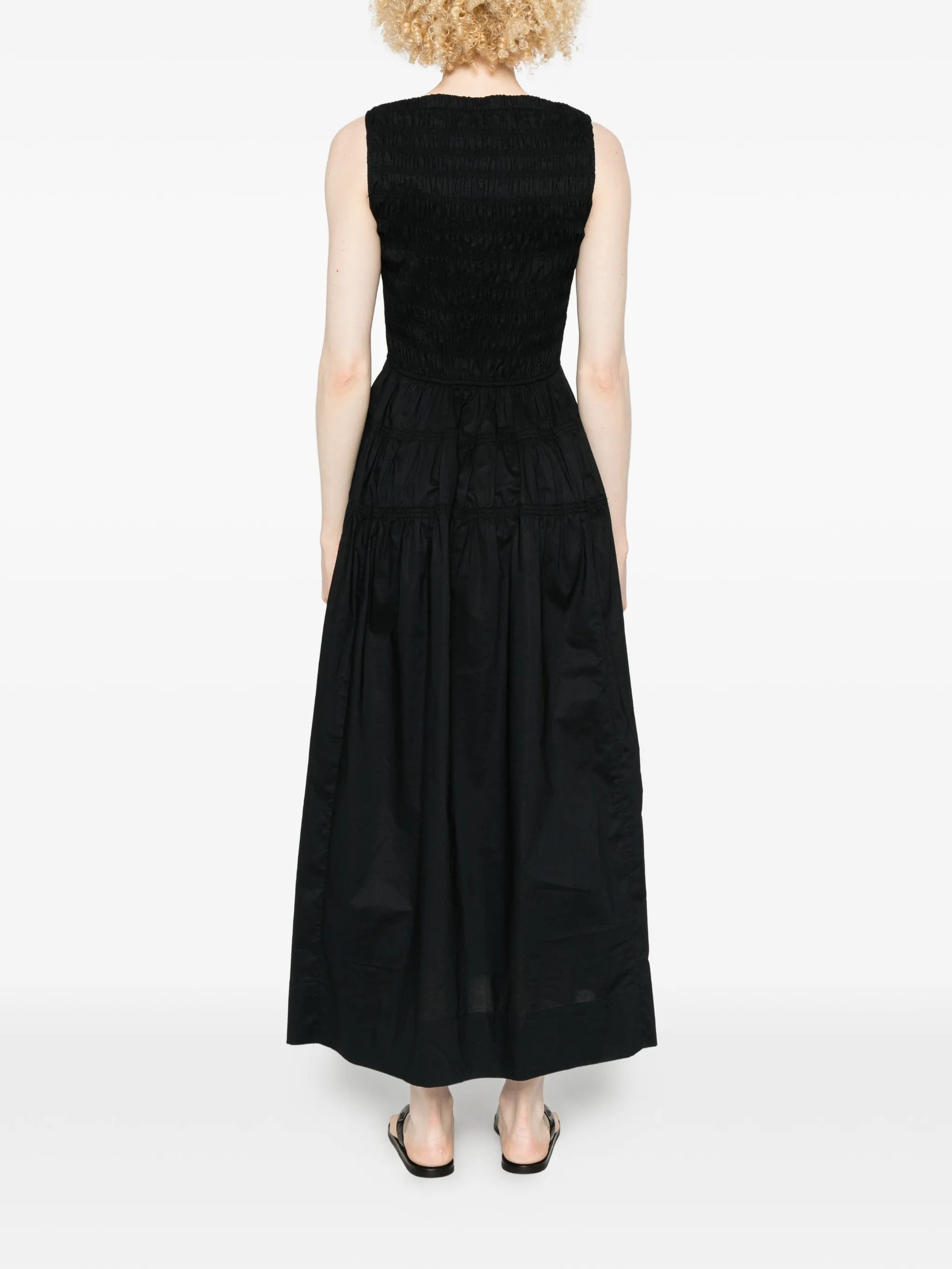 shirred sleeveless midi dress