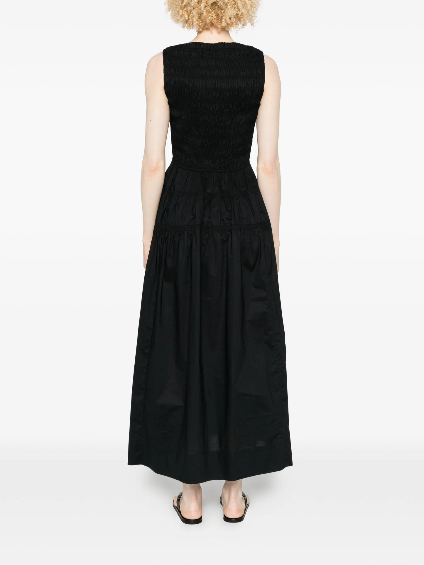 shirred sleeveless midi dress
