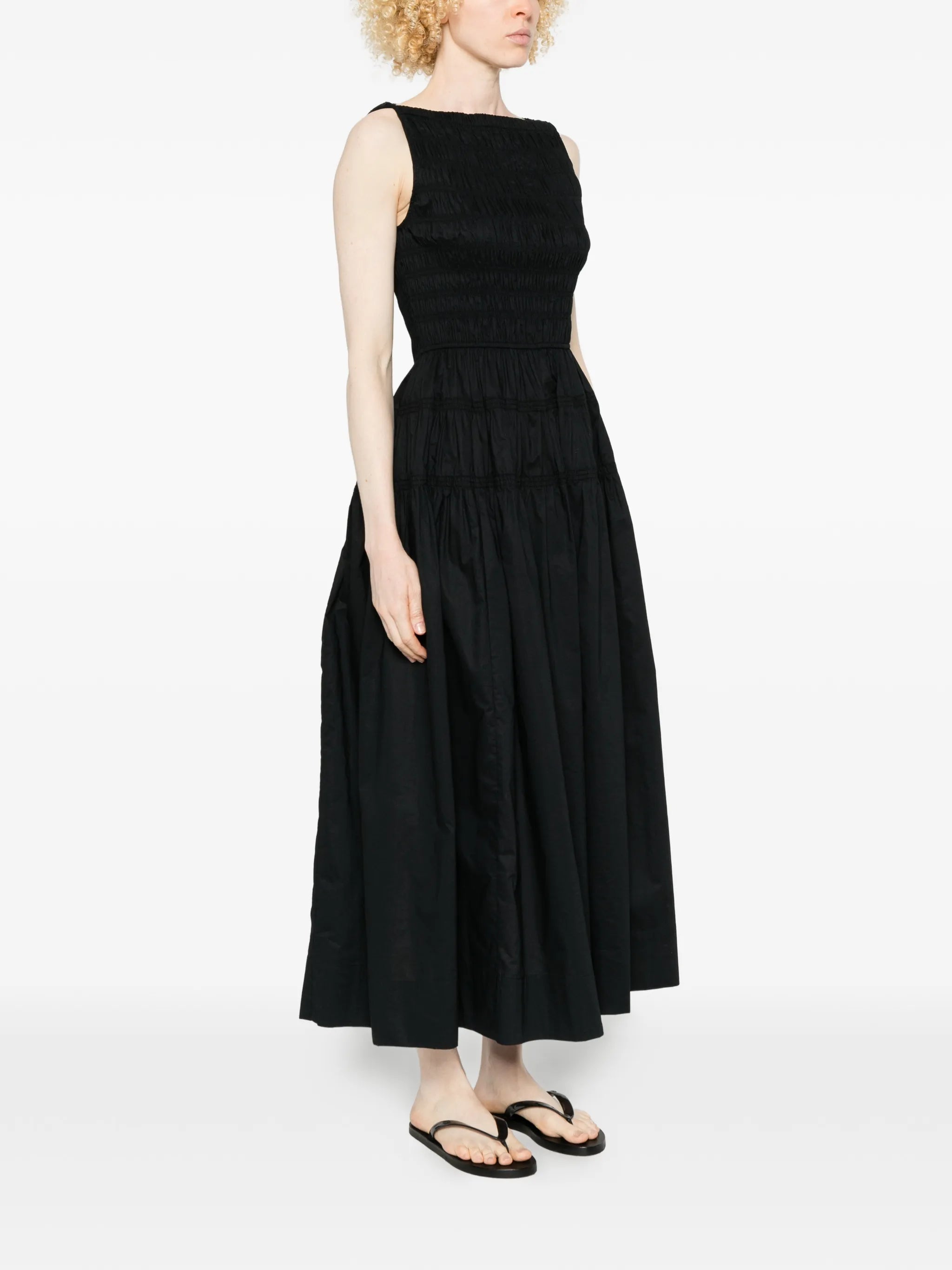 shirred sleeveless midi dress