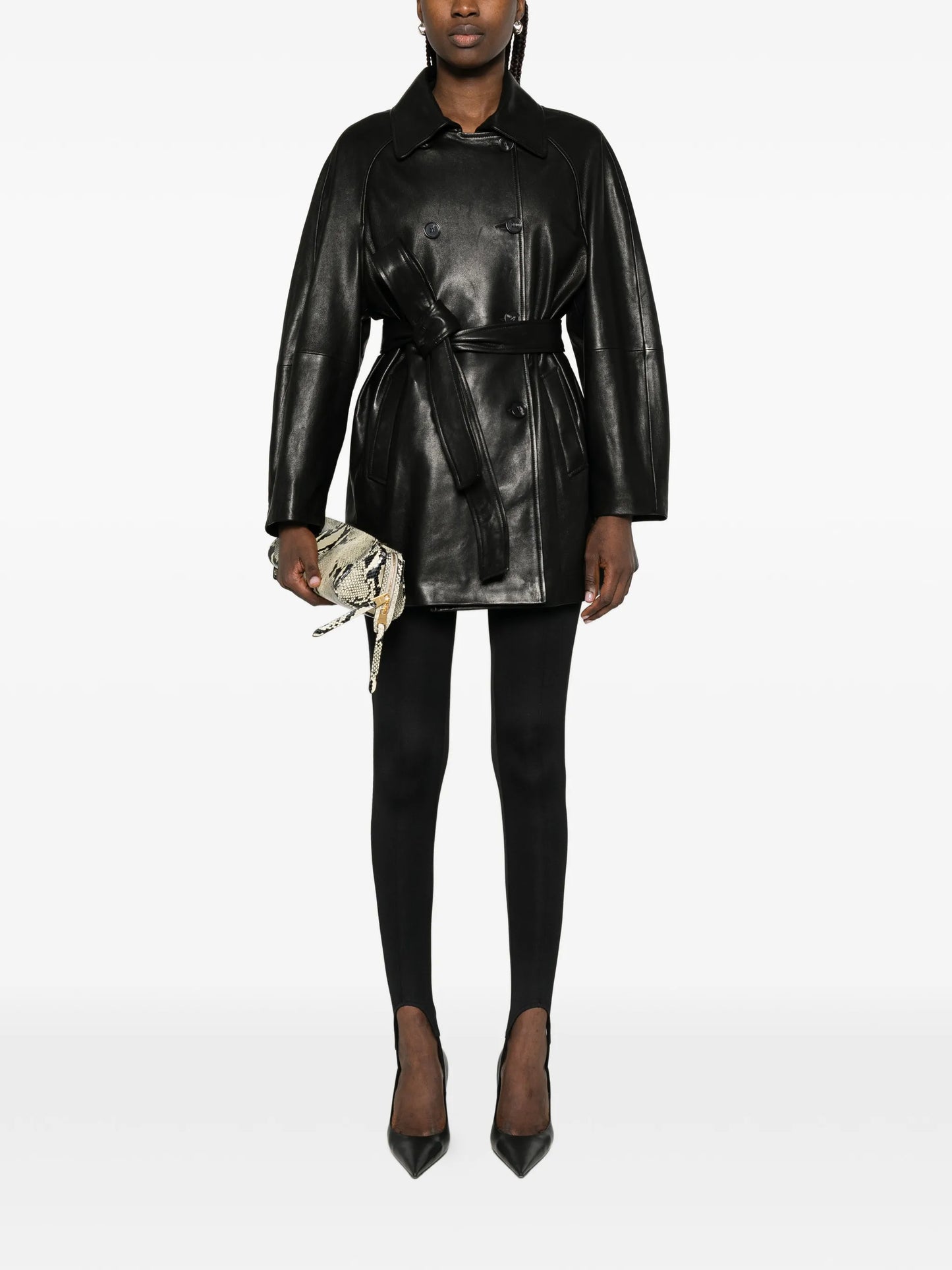 Quinn double-breasted leather coat