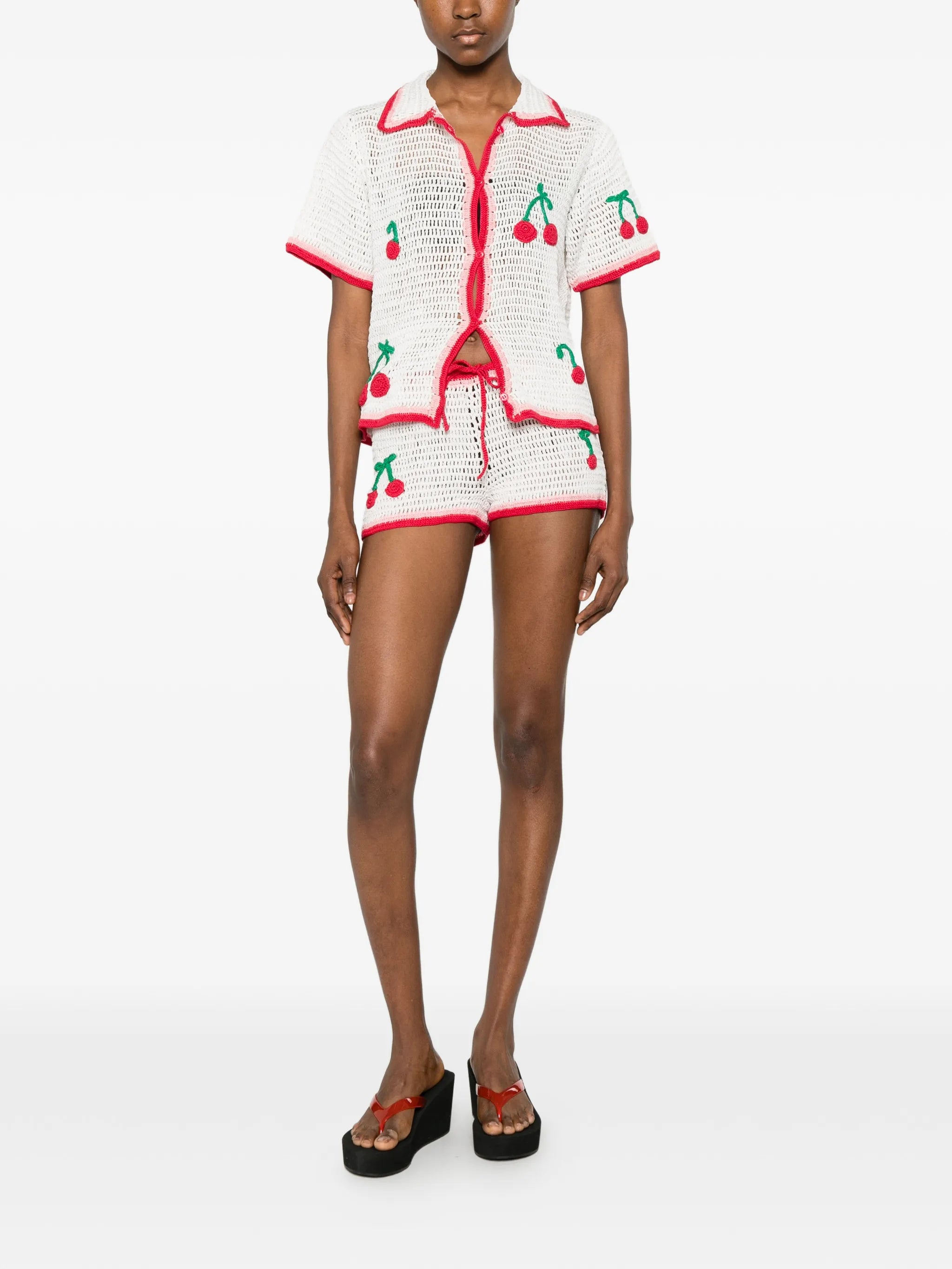 cherry-appliqué crochet shorts