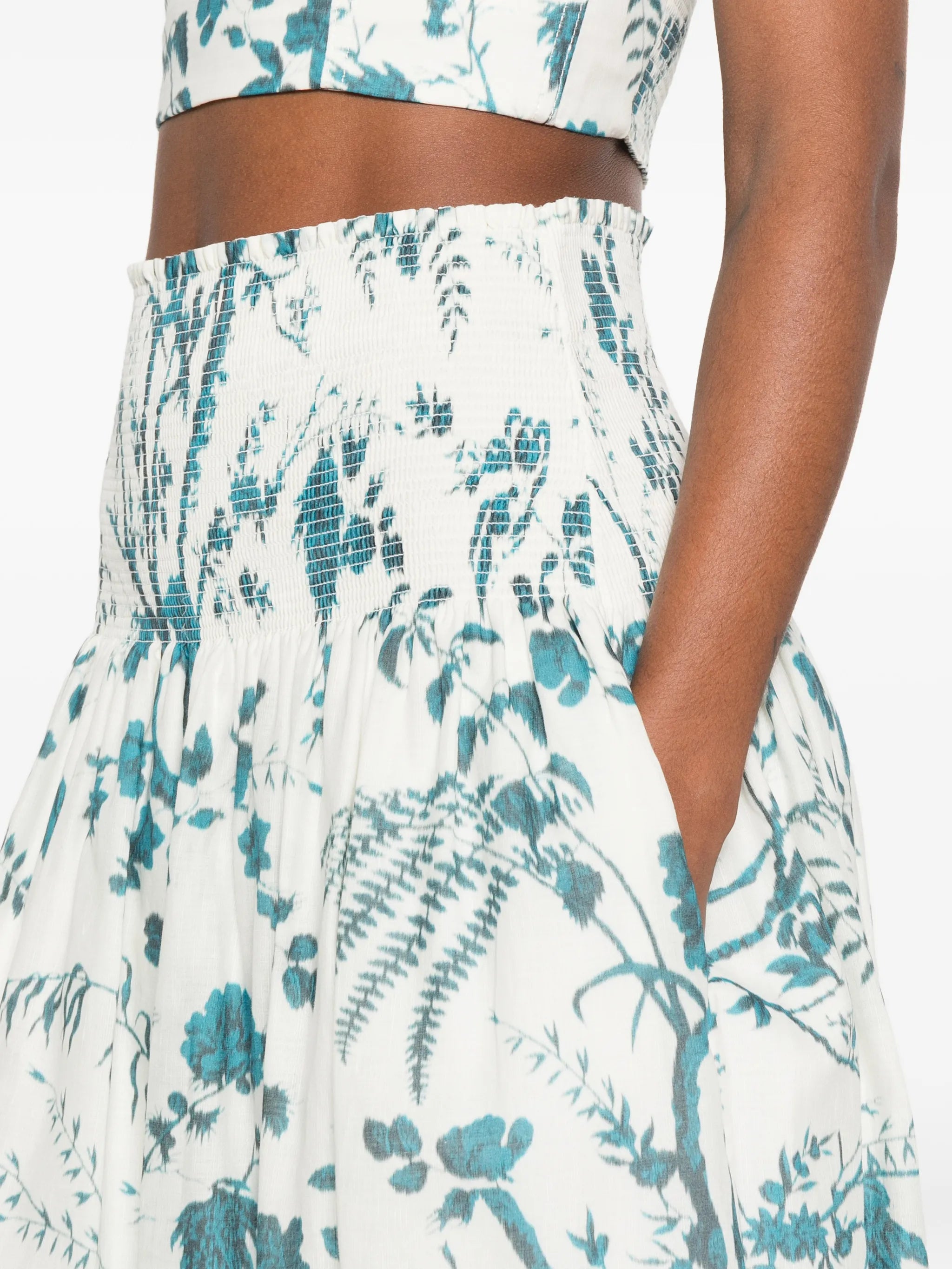 botanical-print smocked midi skirt