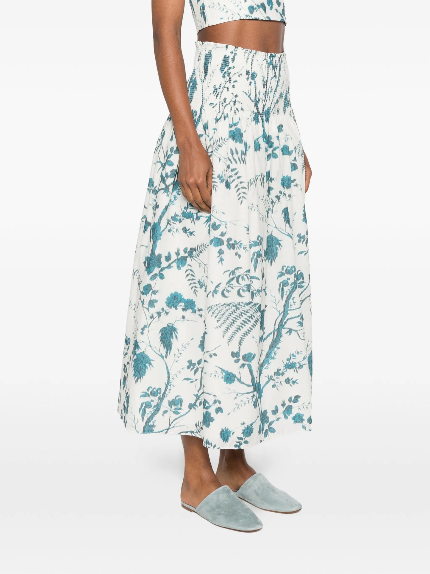 botanical-print smocked midi skirt