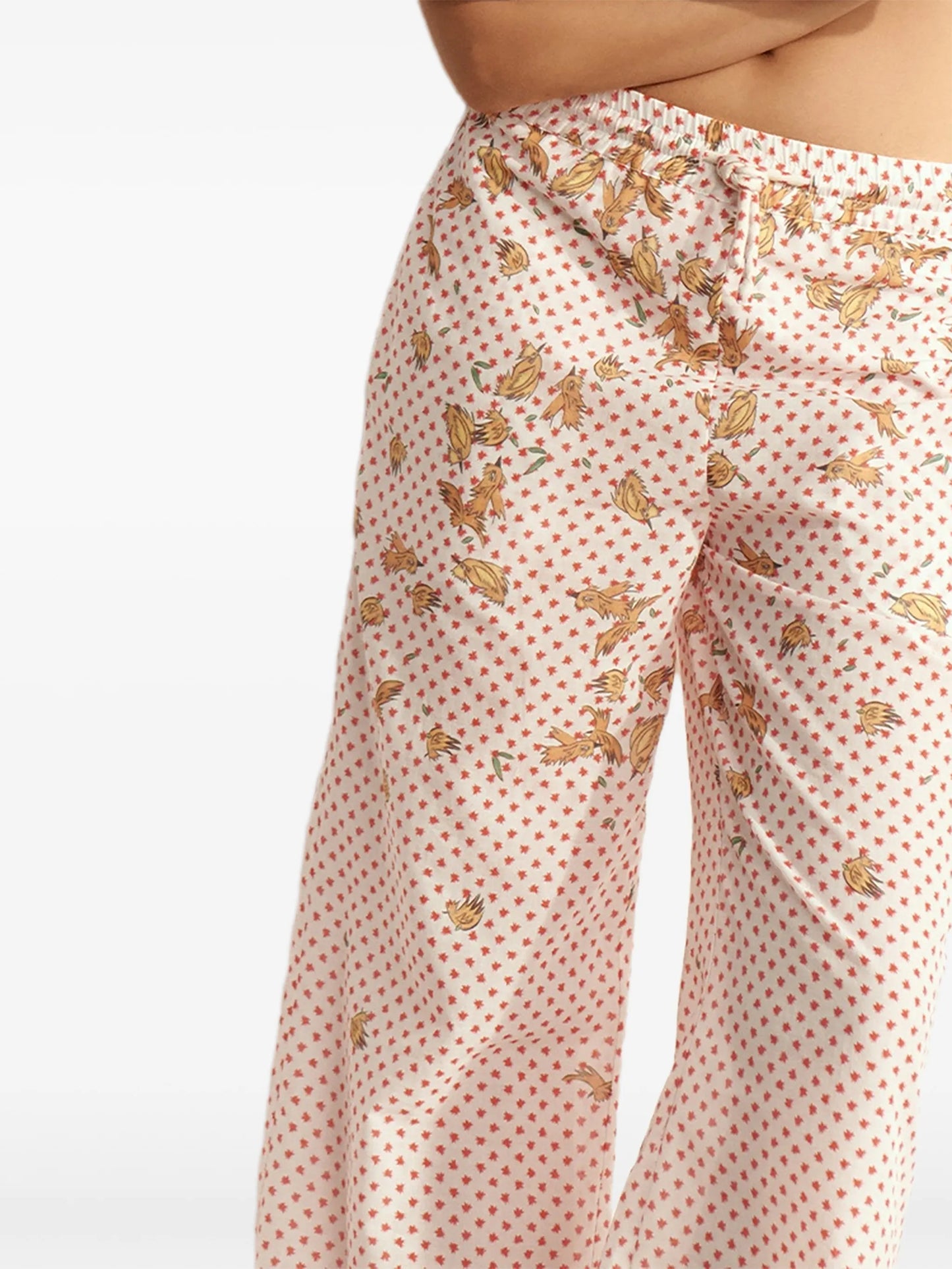 bird-print polka-dot trousers