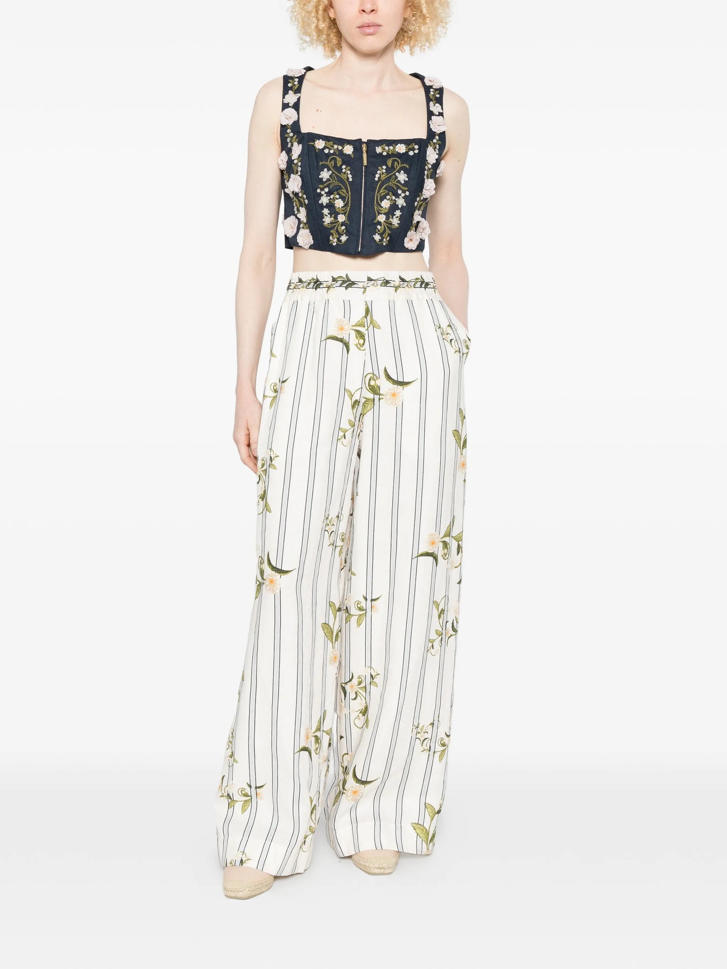 striped floral-print pants