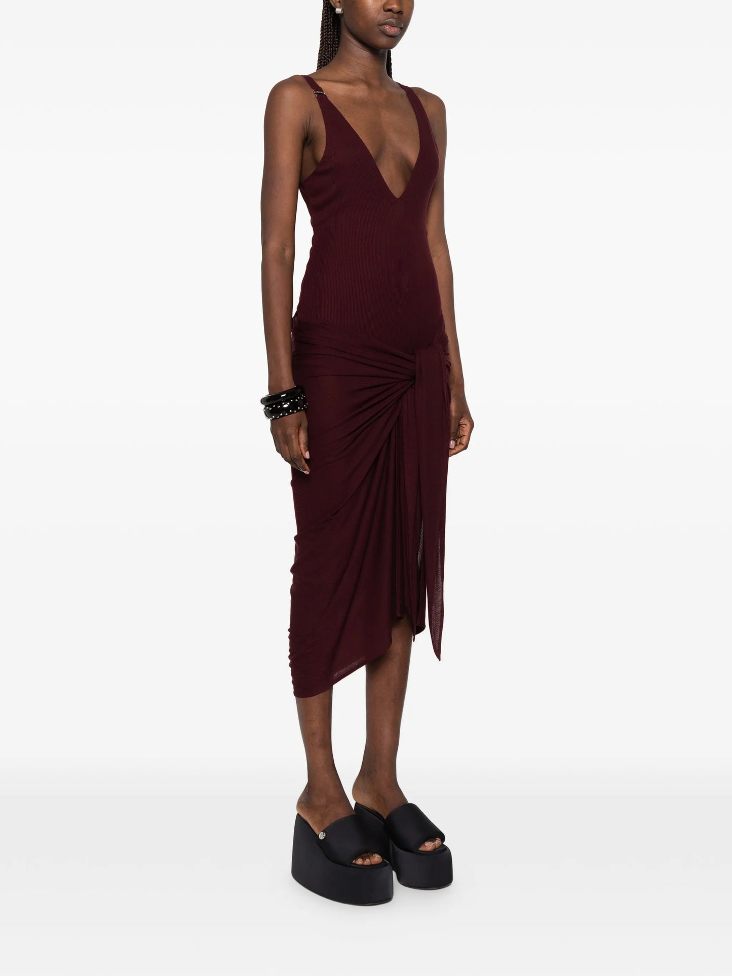 ruched V-neck midi dress