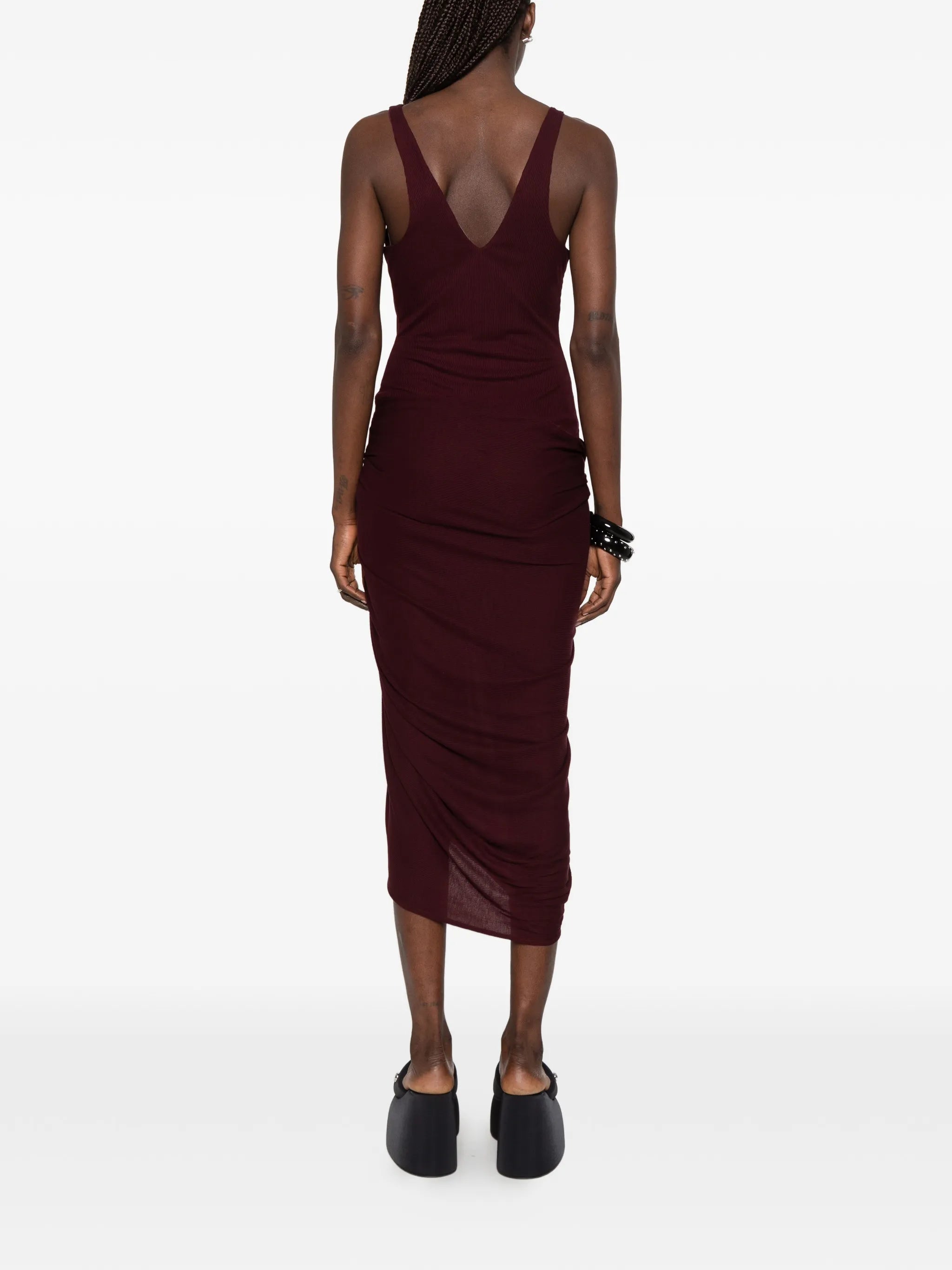 ruched V-neck midi dress