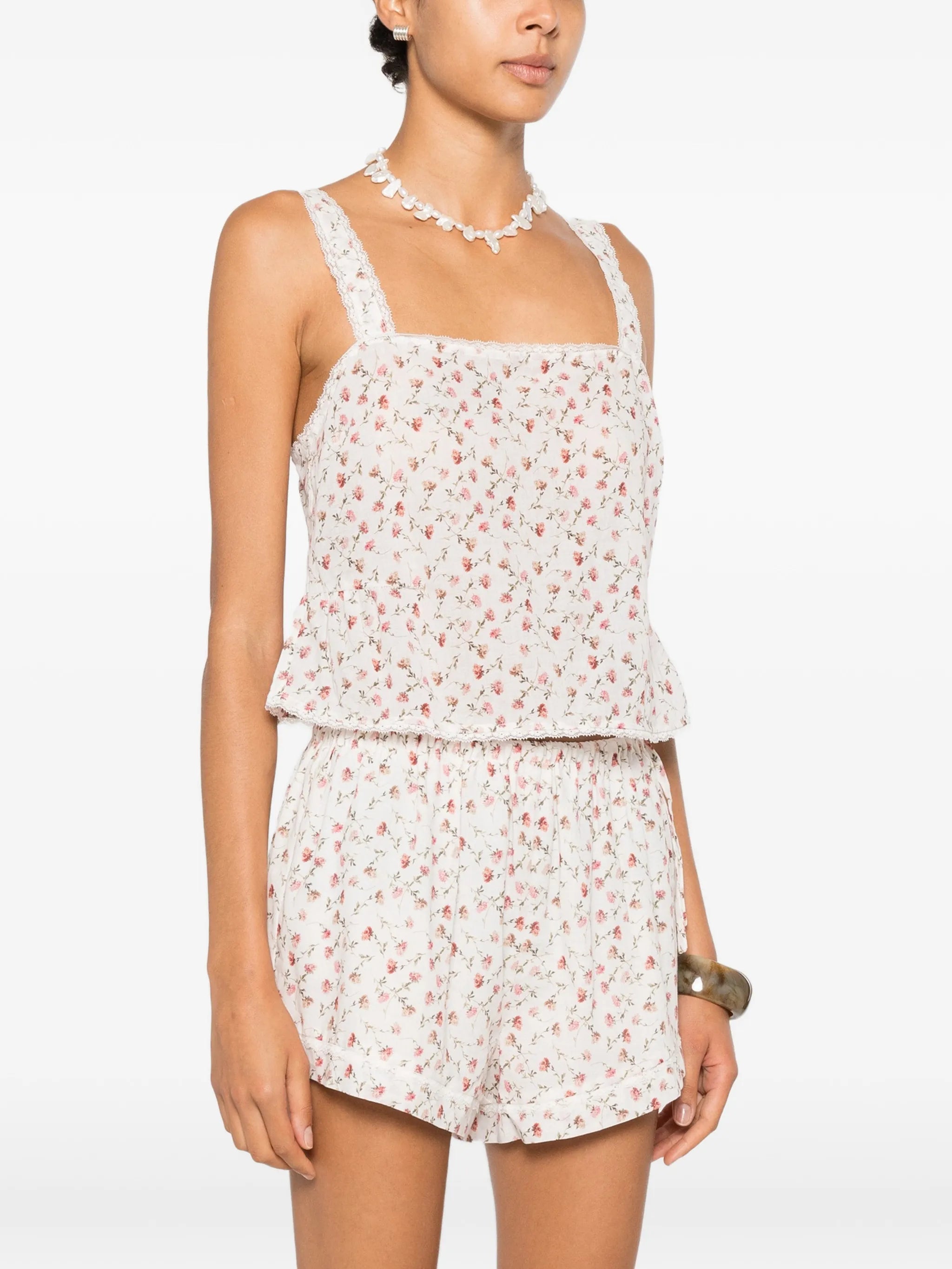 Charlotte floral-print lace-trim cotton tank top
