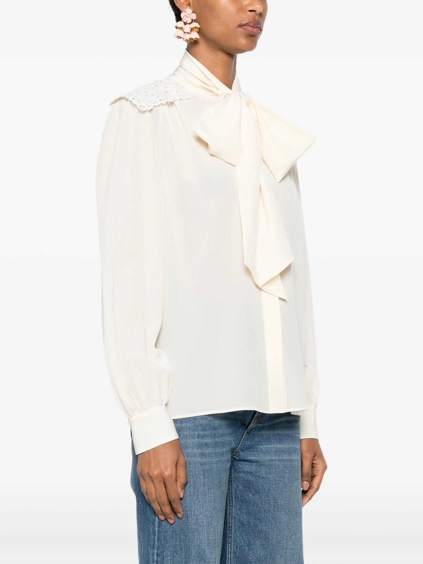 lace-trimmed pussy-bow blouse