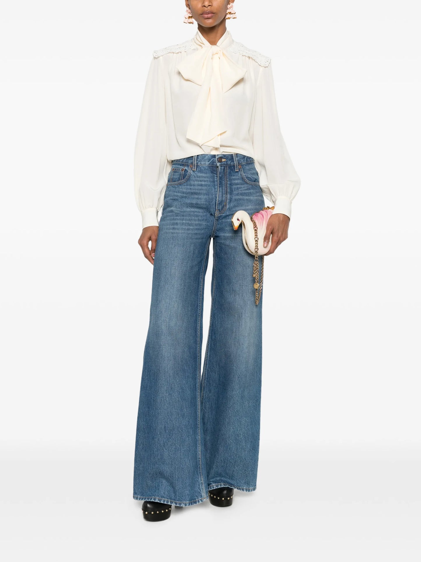 lace-trimmed pussy-bow blouse