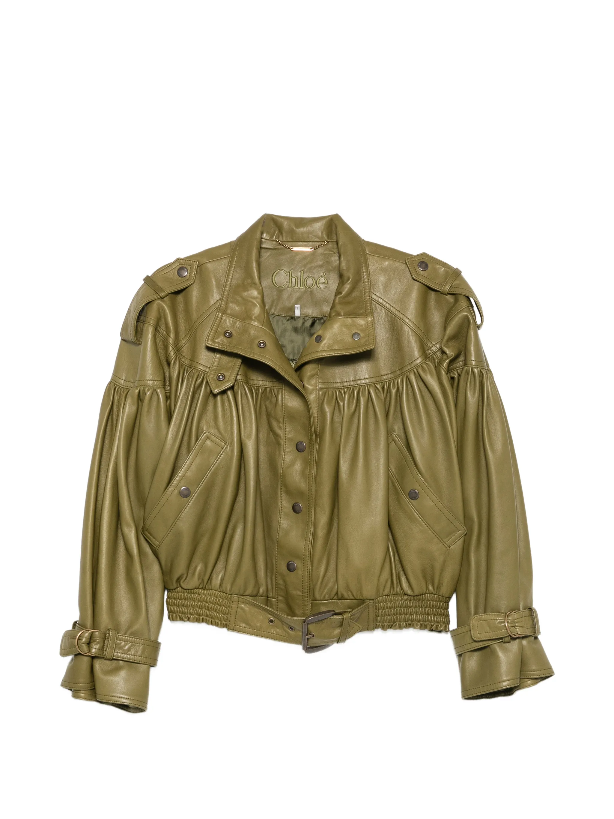 belted gathered leather jacket