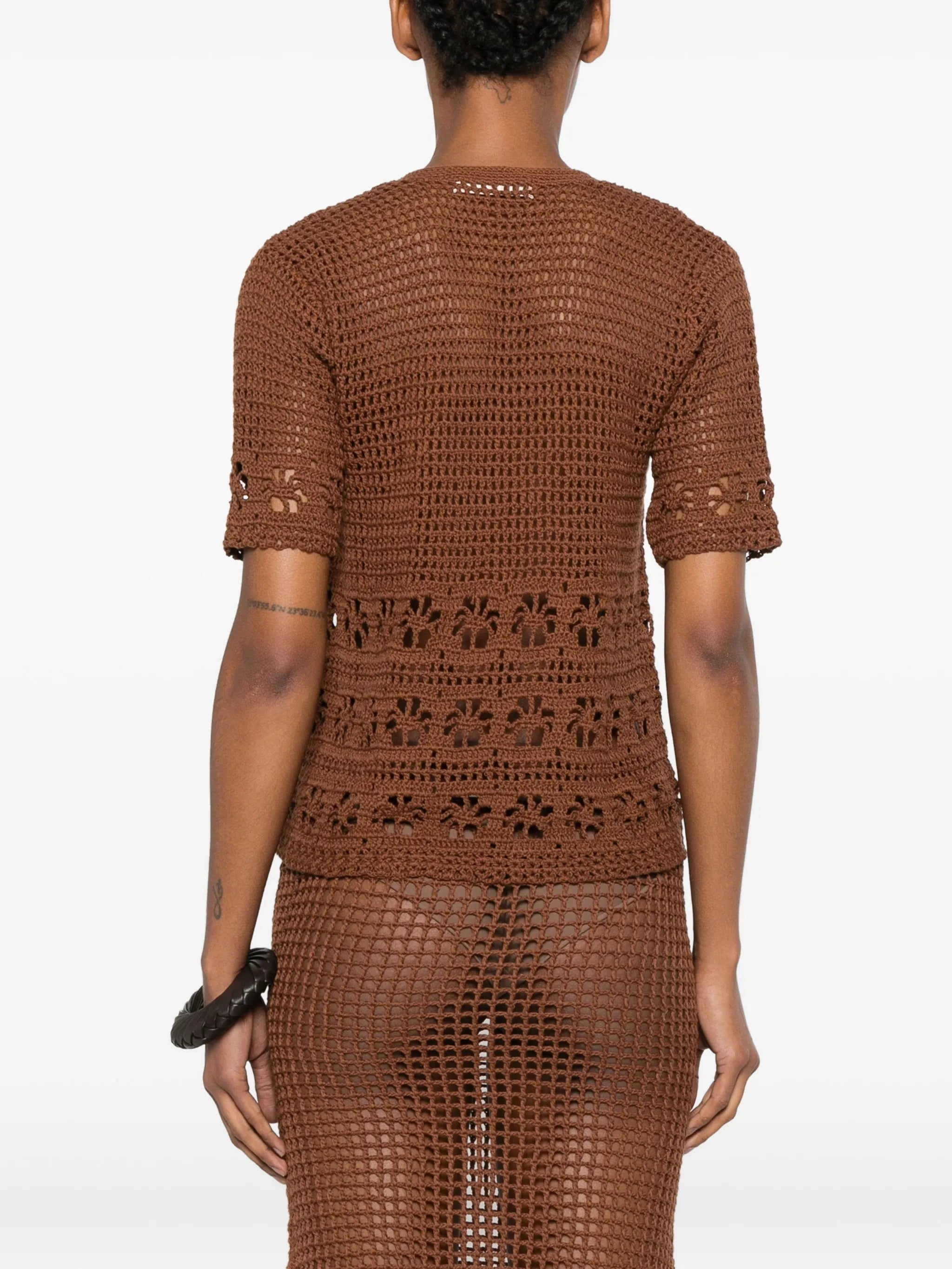 crochet-knit button-up cardigan