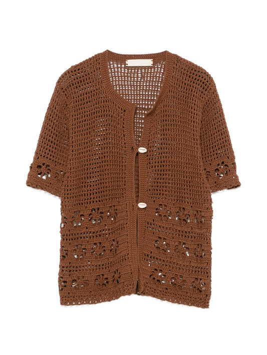 crochet-knit button-up cardigan