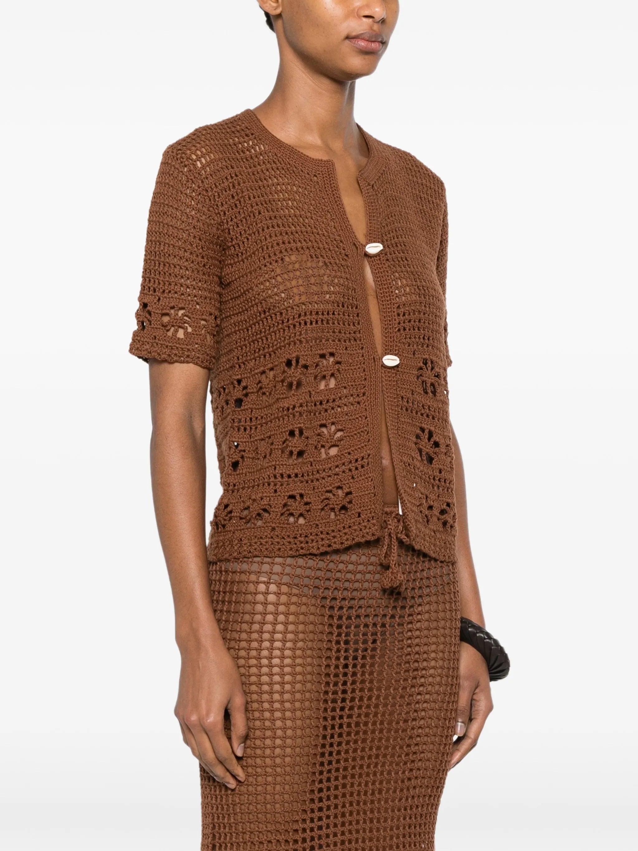 crochet-knit button-up cardigan