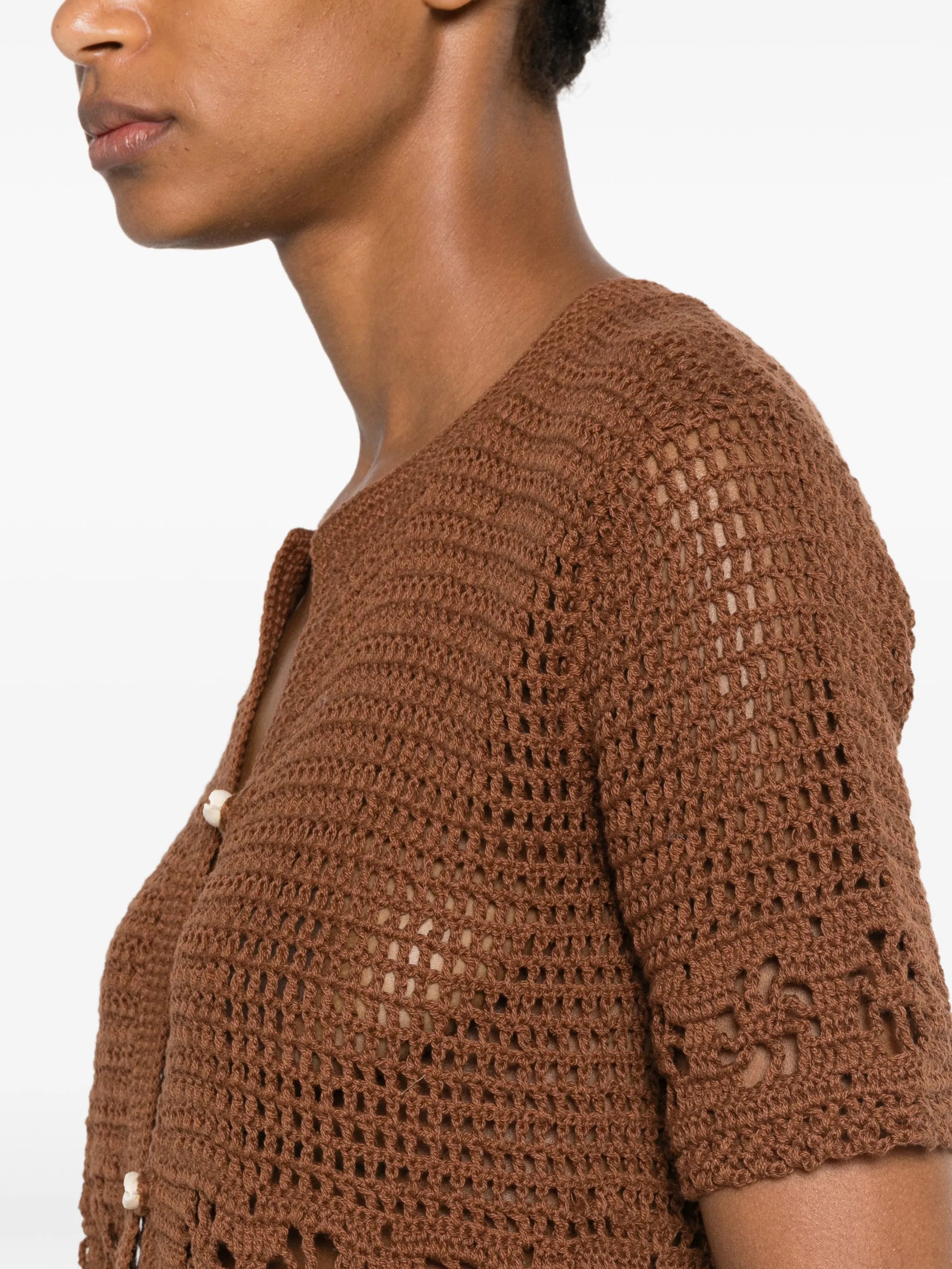 crochet-knit button-up cardigan