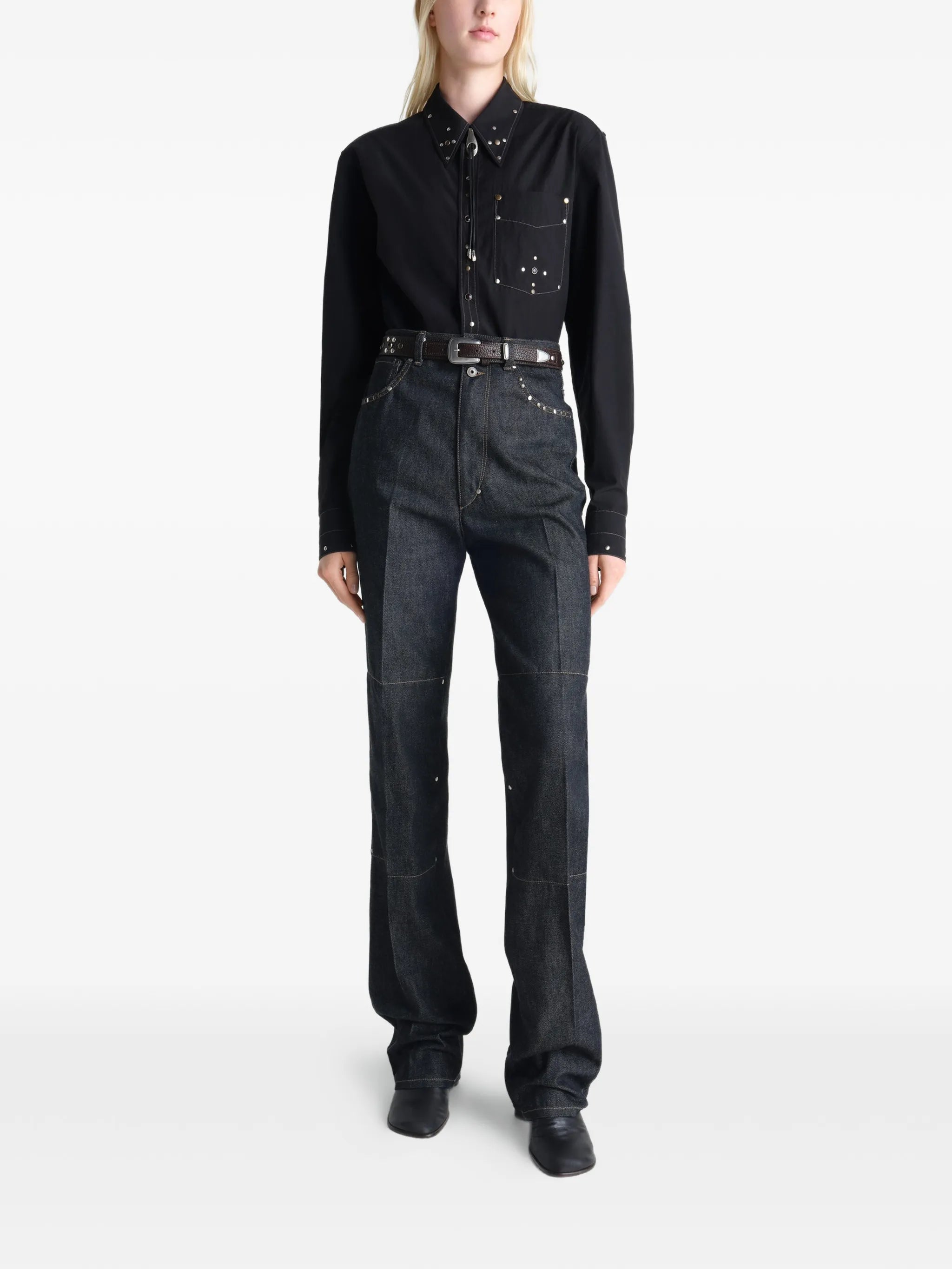 high-waisted studded straight trousers