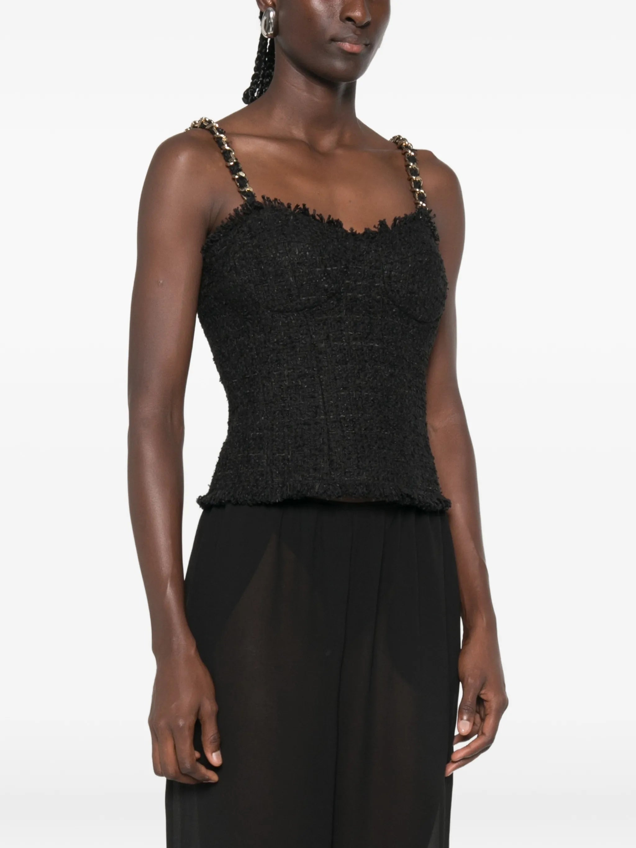 sleeveless tweed chain-link strap top