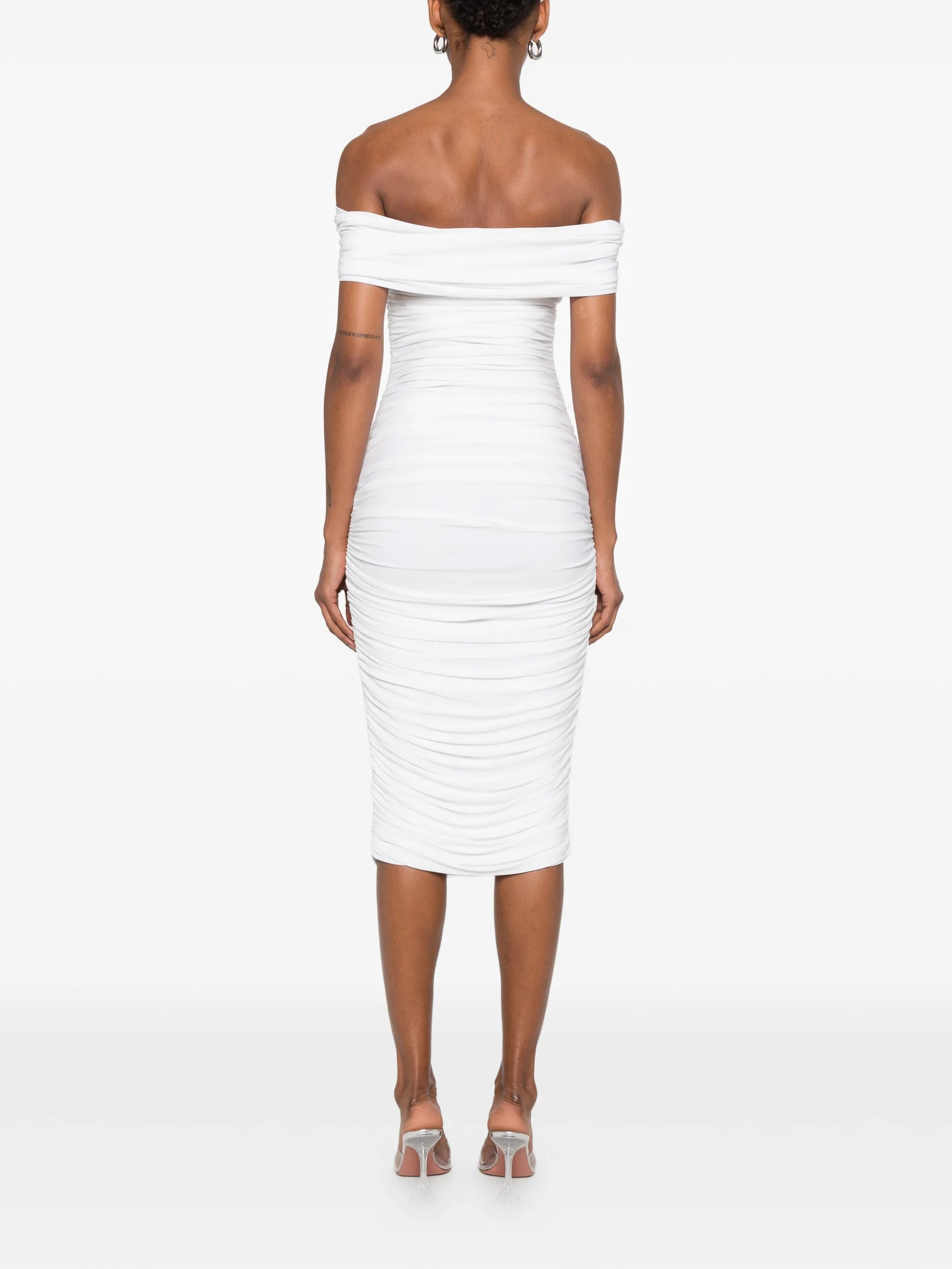ruched off-the-shoulder midi dress