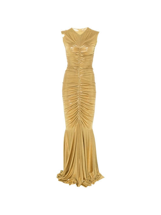 shirred fishtail maxi dress